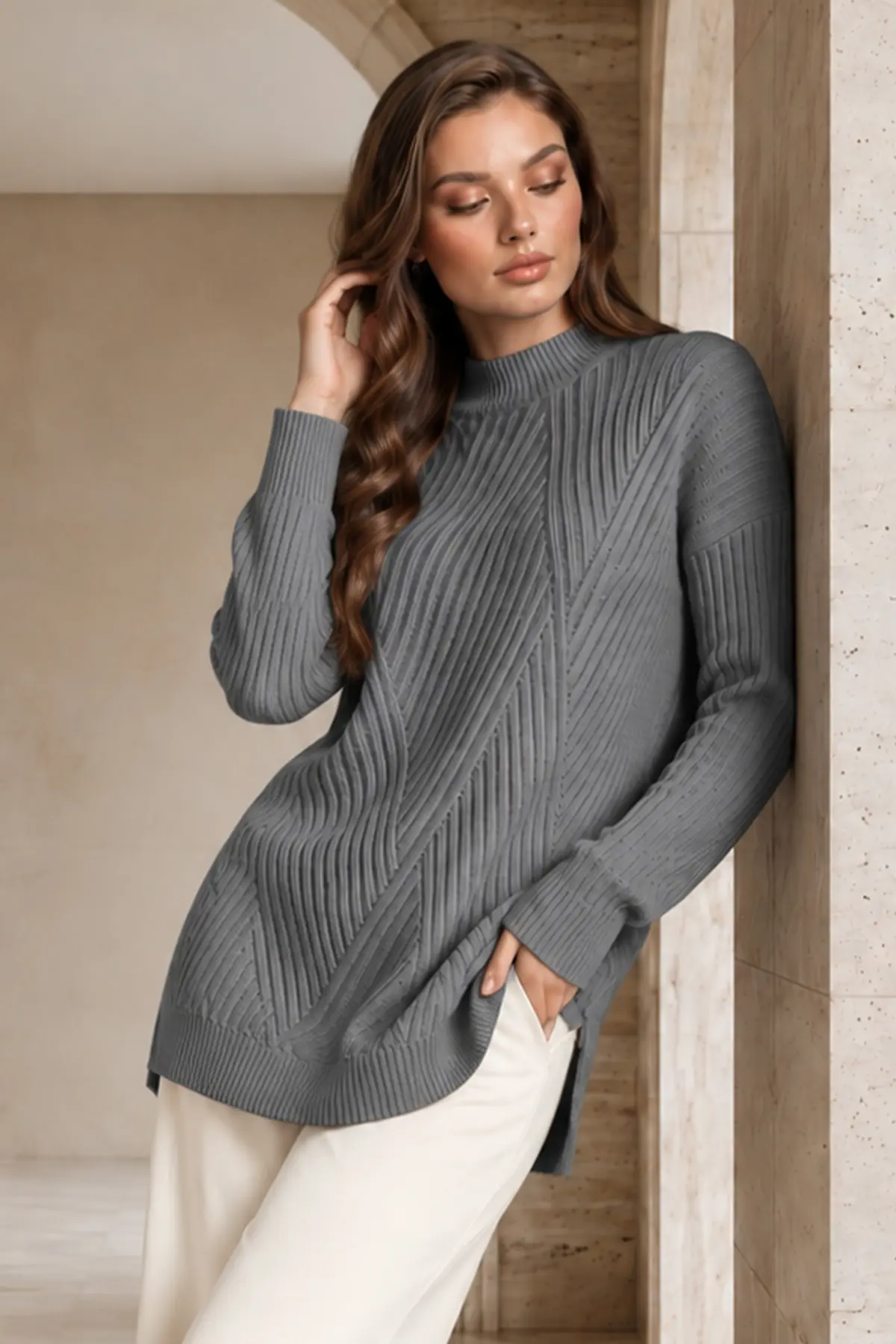 Patterned Knit Sweater K6030 Grey-detail