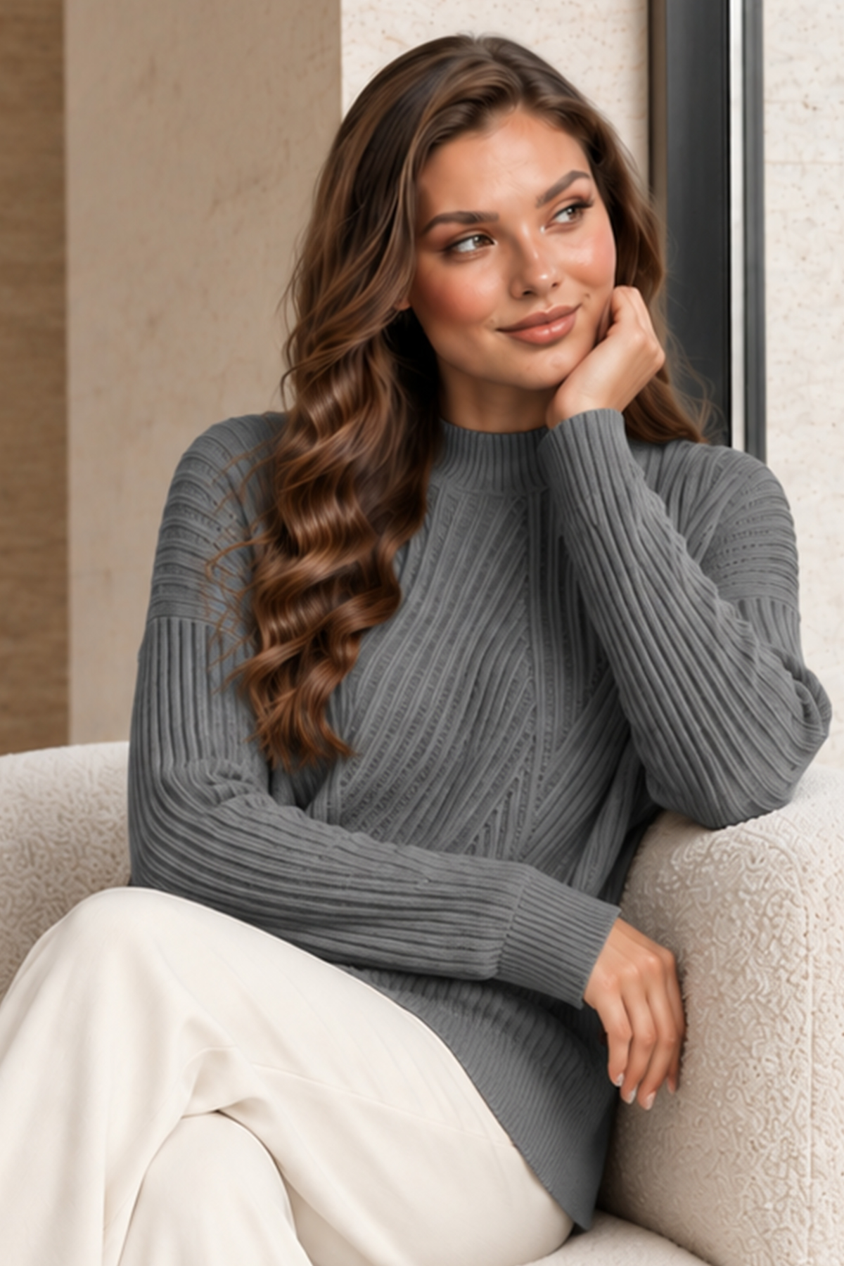 Patterned Knit Sweater K6030 Grey