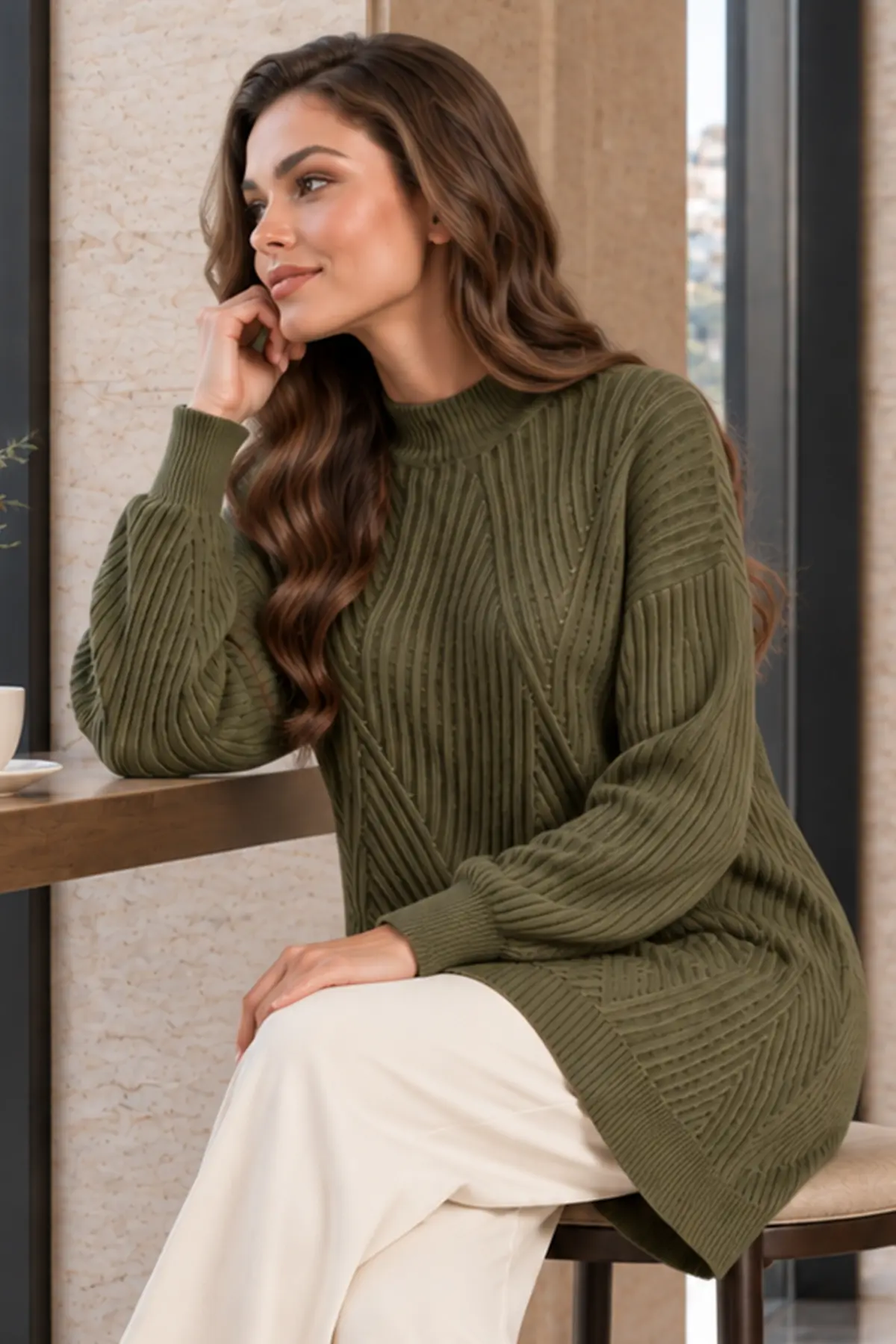 Patterned Knit Sweater K6030 Khaki-detail