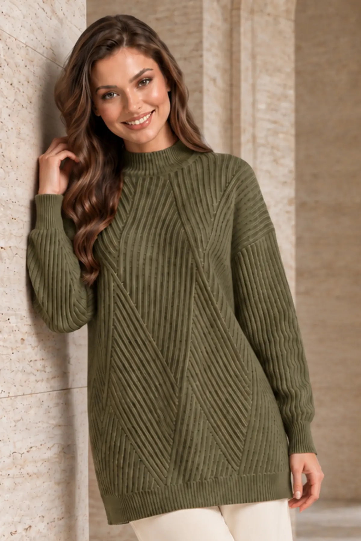 Patterned Knit Sweater K6030 Khaki-detail