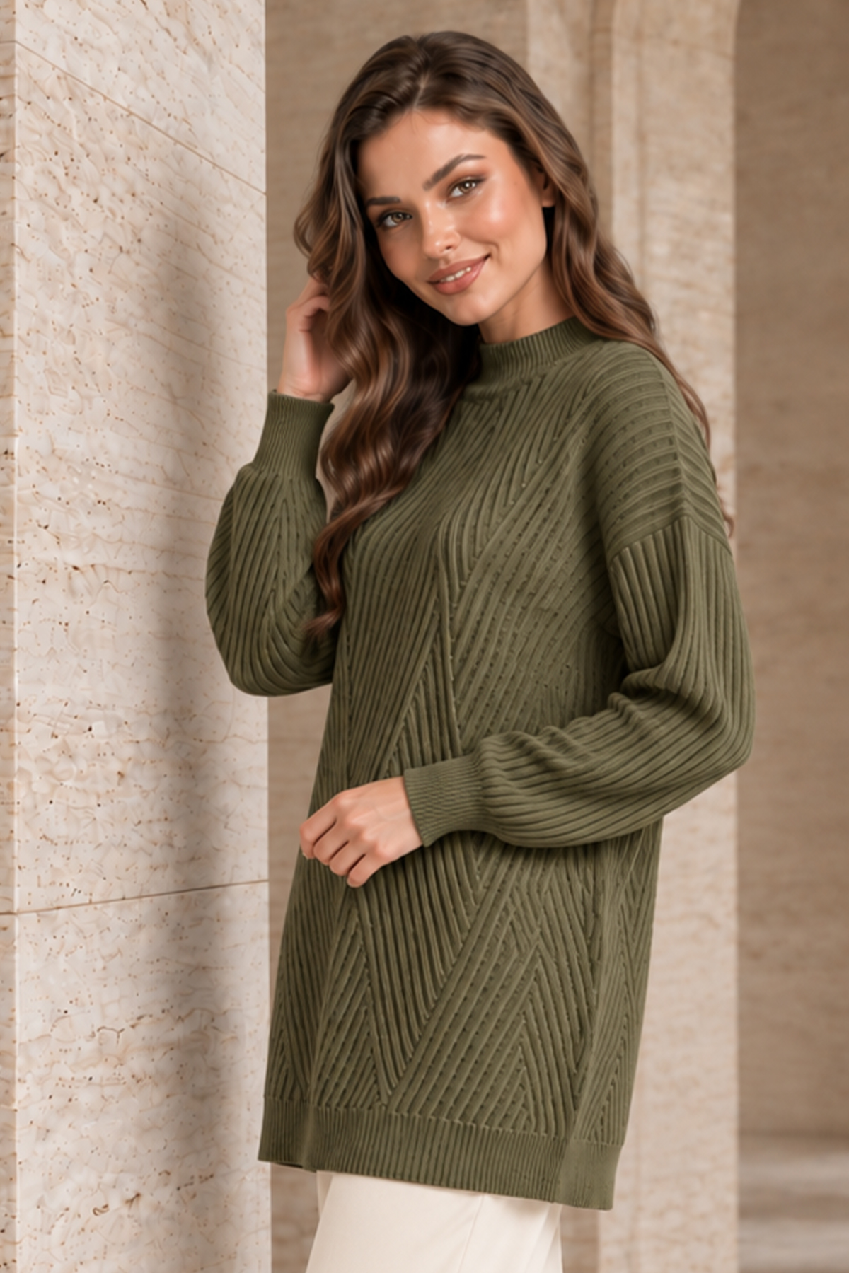 Patterned Knit Sweater K6030 Khaki
