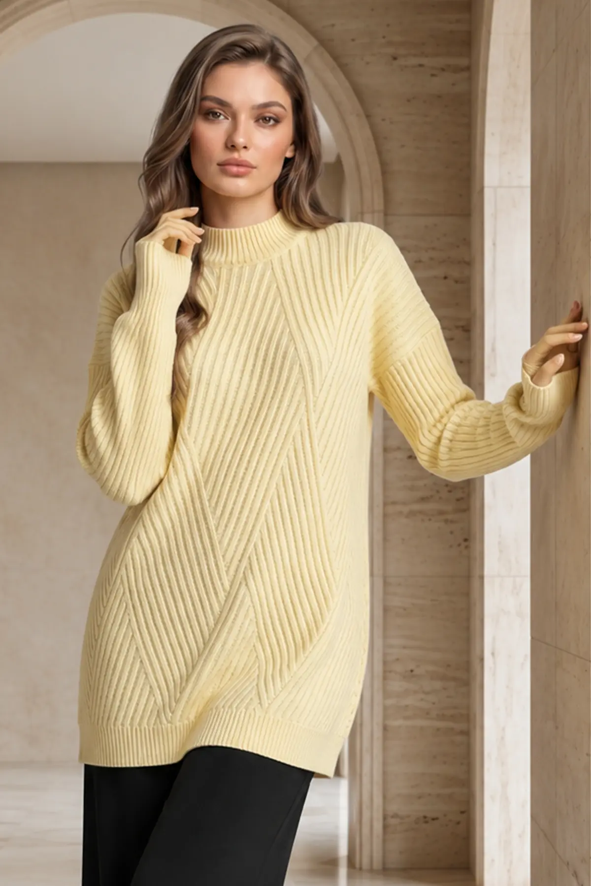 Patterned Knit Sweater K6030 Lemon Yellow-detail