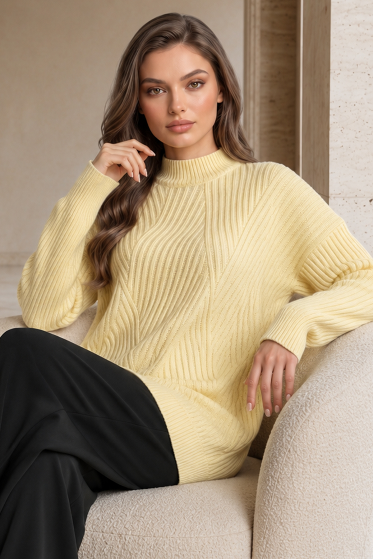 Patterned Knit Sweater K6030 Lemon Yellow
