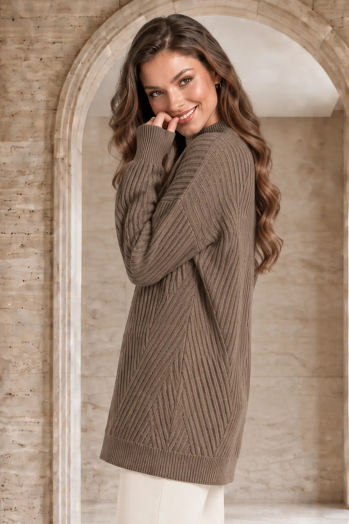 Patterned Knit Sweater K6030 Mink-detail