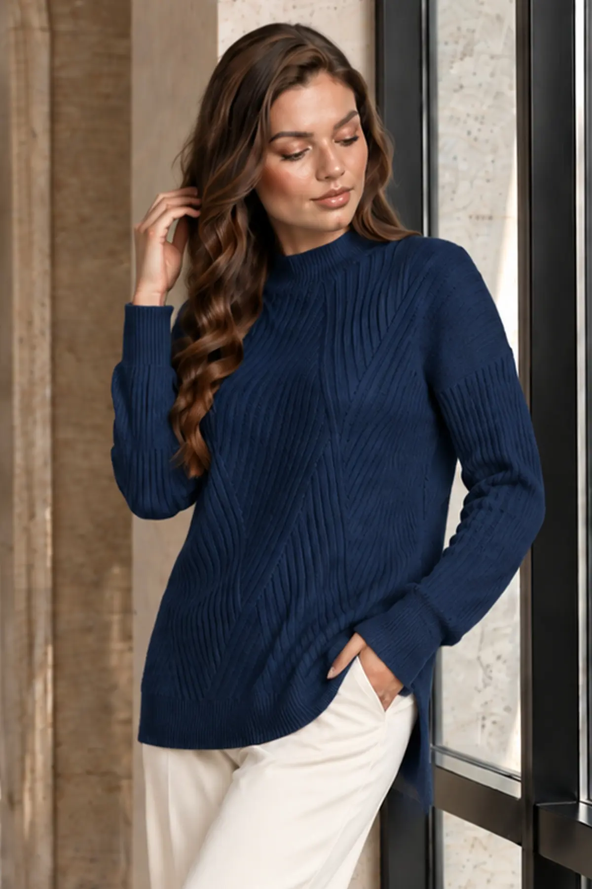 Patterned Knit Sweater K6030 Navy Blue-detail