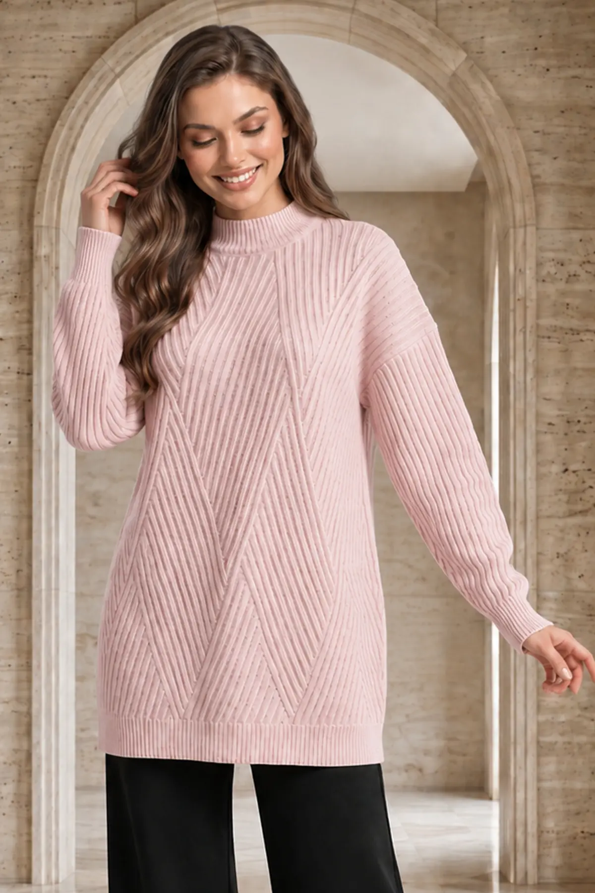 Patterned Knit Sweater K6030 Powder Pink-detail
