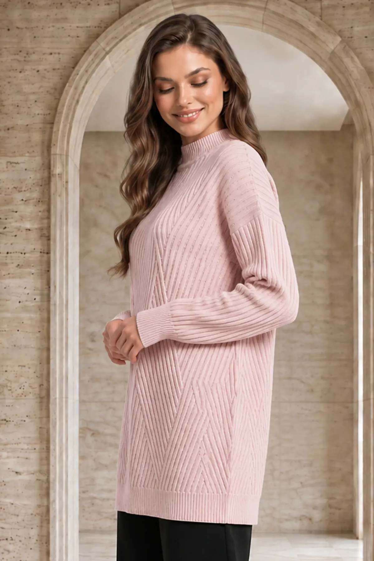 Patterned Knit Sweater K6030 Powder Pink-detail