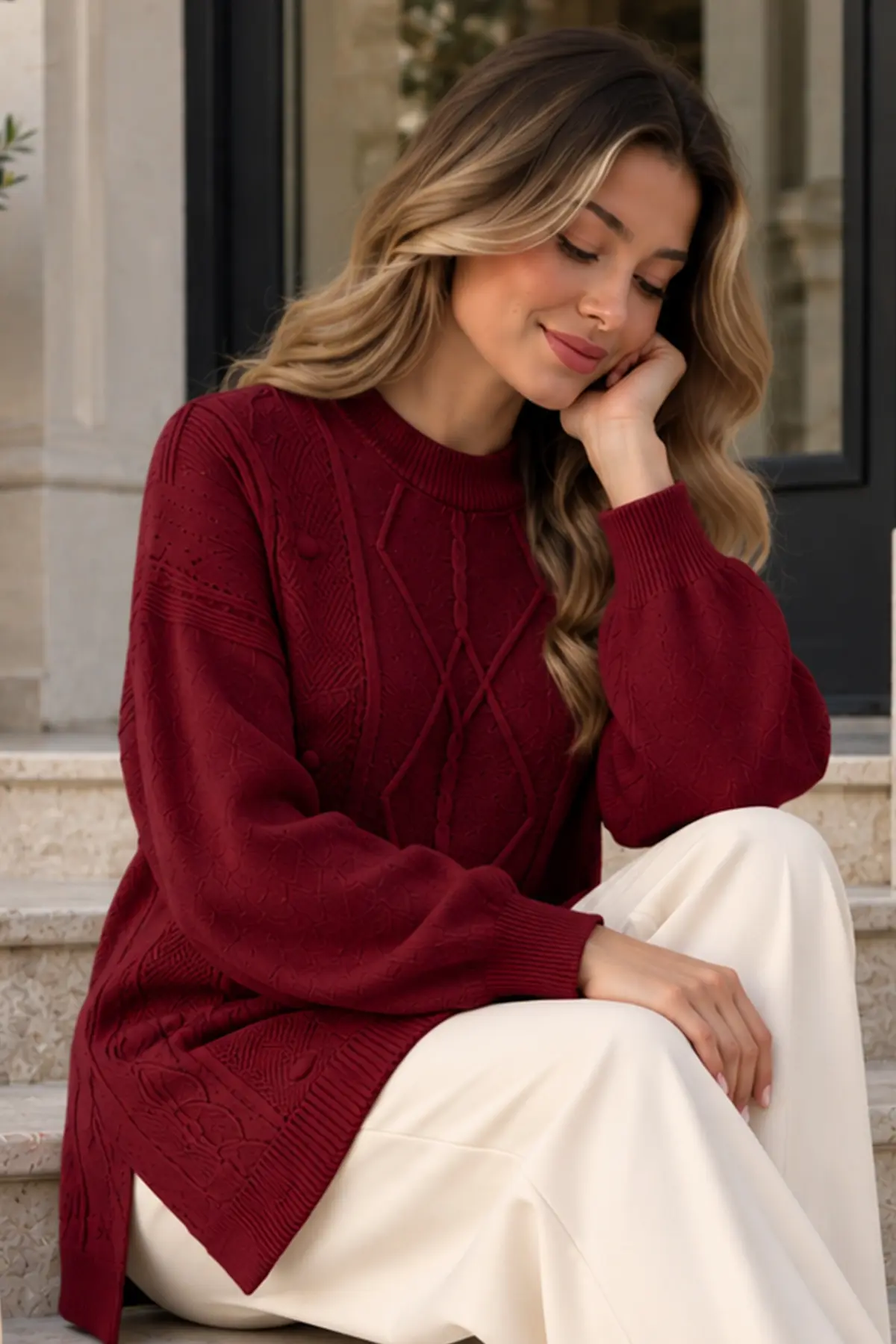 Patterned Knit Sweater K6059 Burgundy-detail
