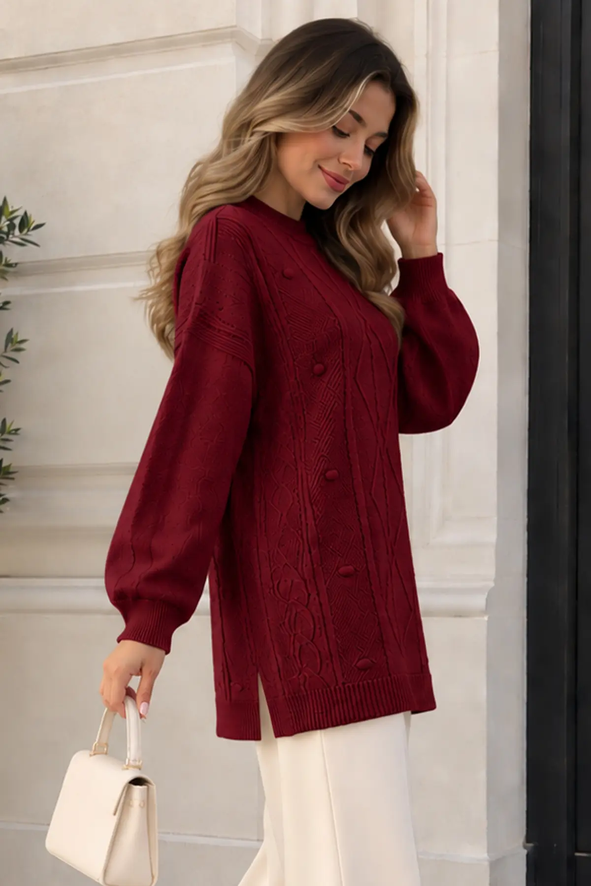 Patterned Knit Sweater K6059 Burgundy-detail