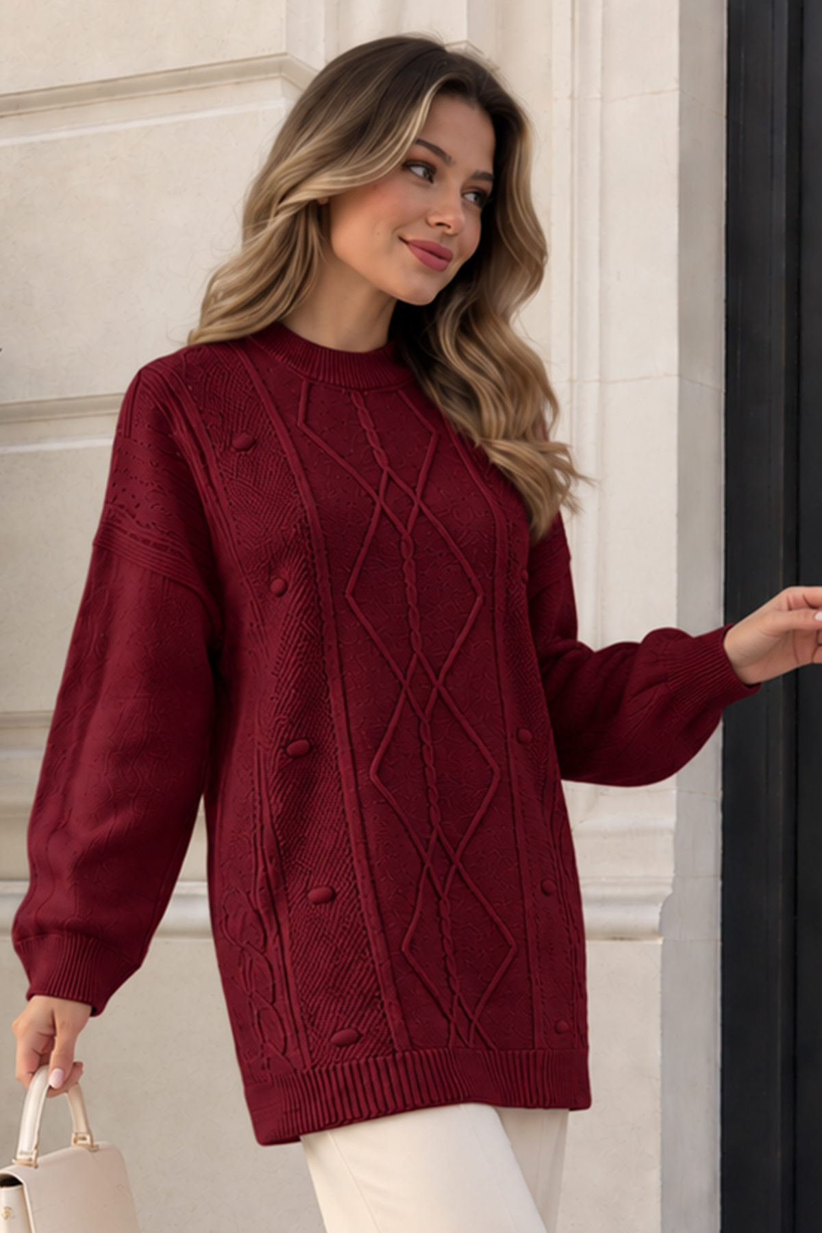 Patterned Knit Sweater K6059 Burgundy