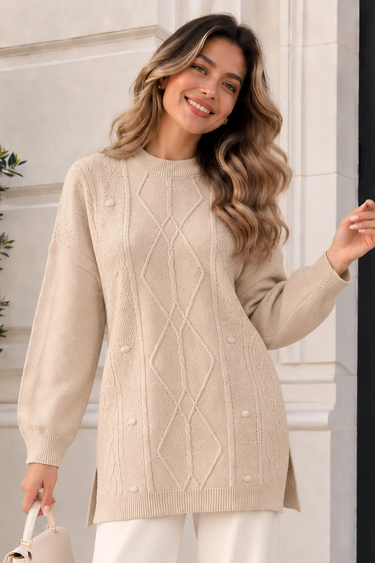 Patterned Knit Sweater K6059 Camel-detail