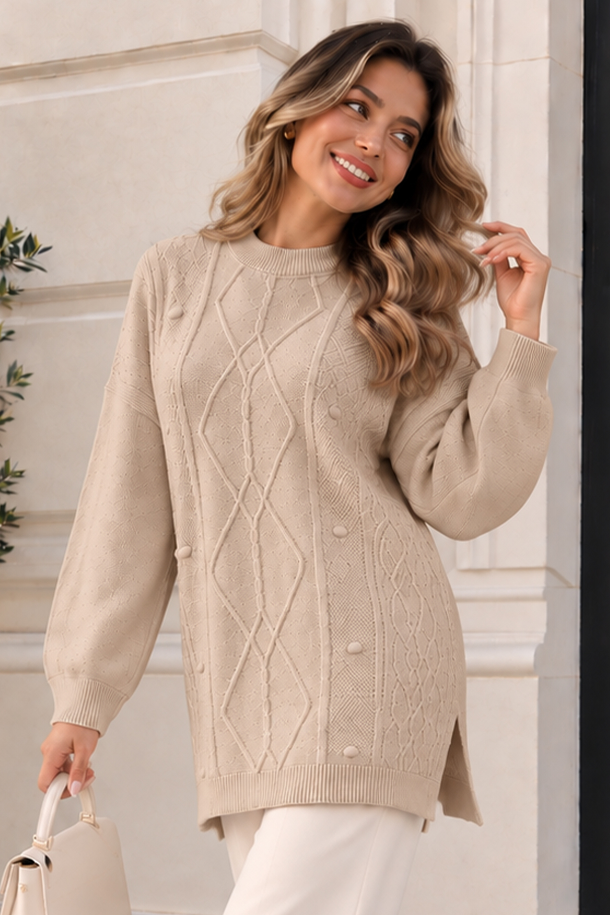 Patterned Knit Sweater K6059 Camel