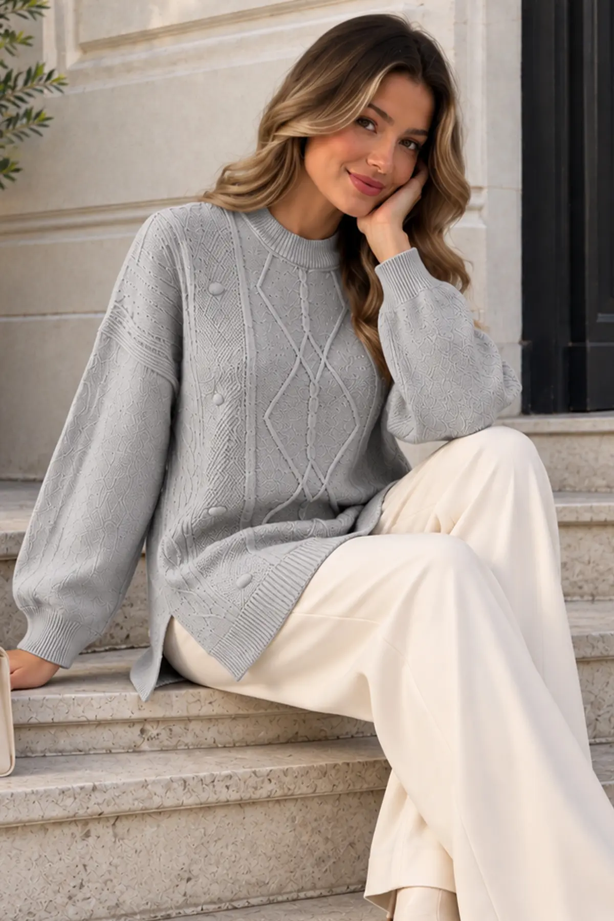 Patterned Knit Sweater K6059 Grey-detail