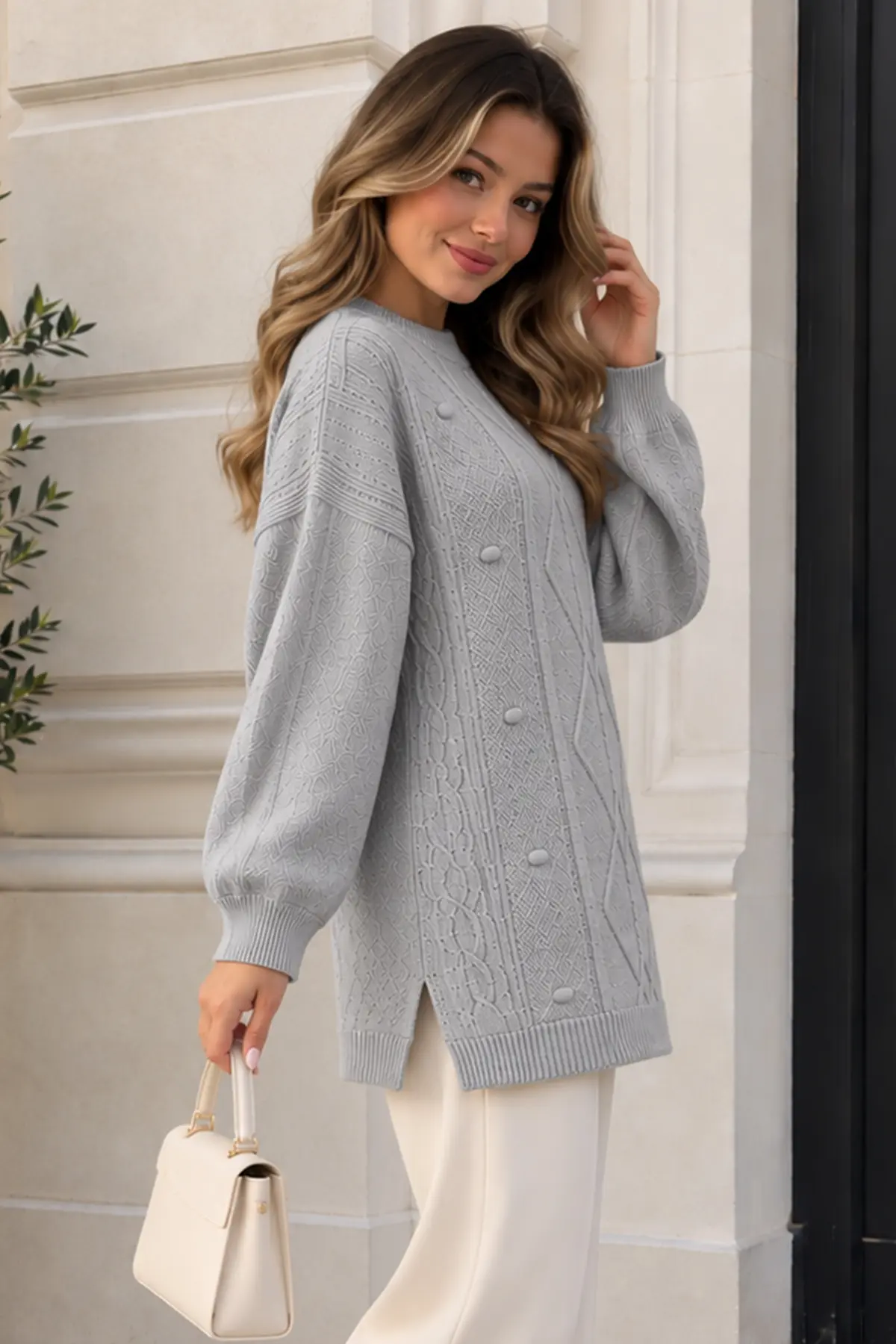 Patterned Knit Sweater K6059 Grey-detail