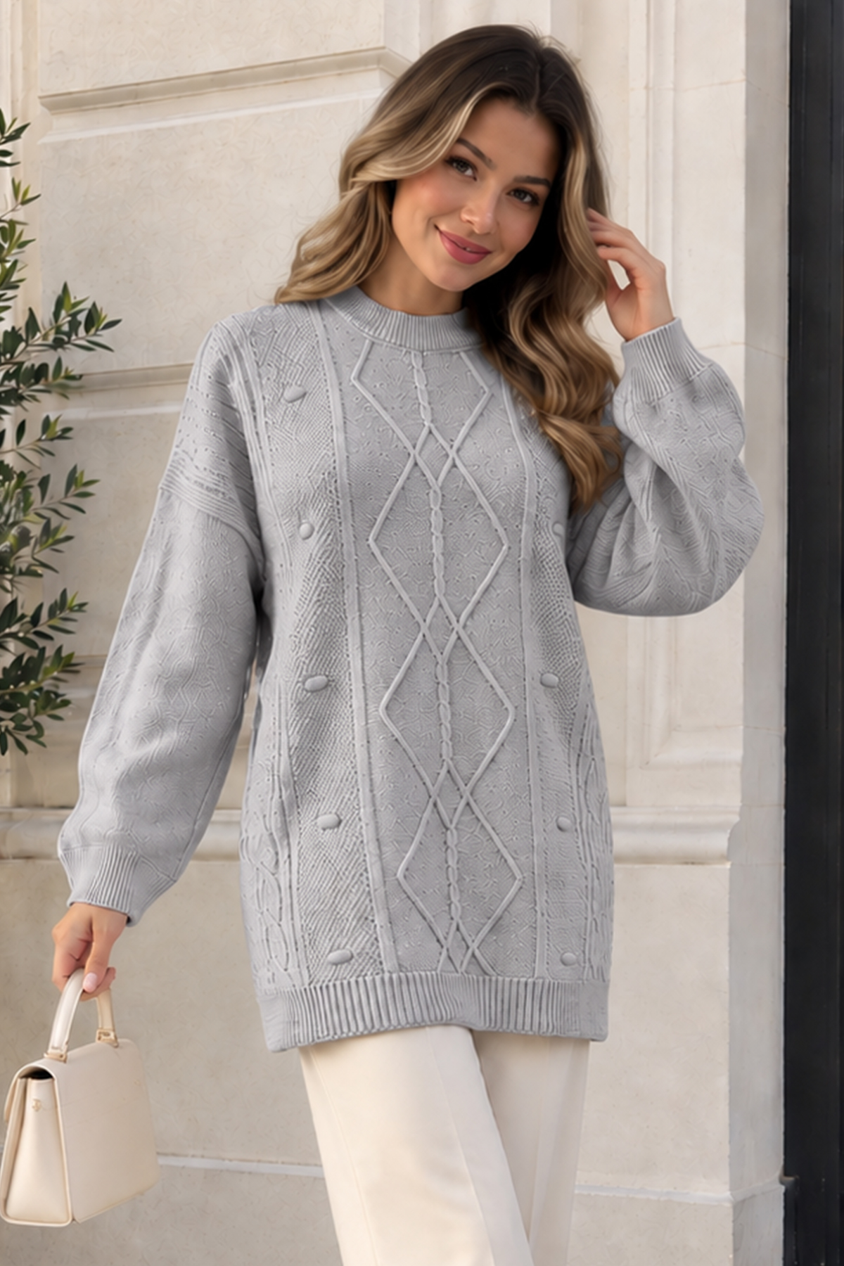 Patterned Knit Sweater K6059 Grey