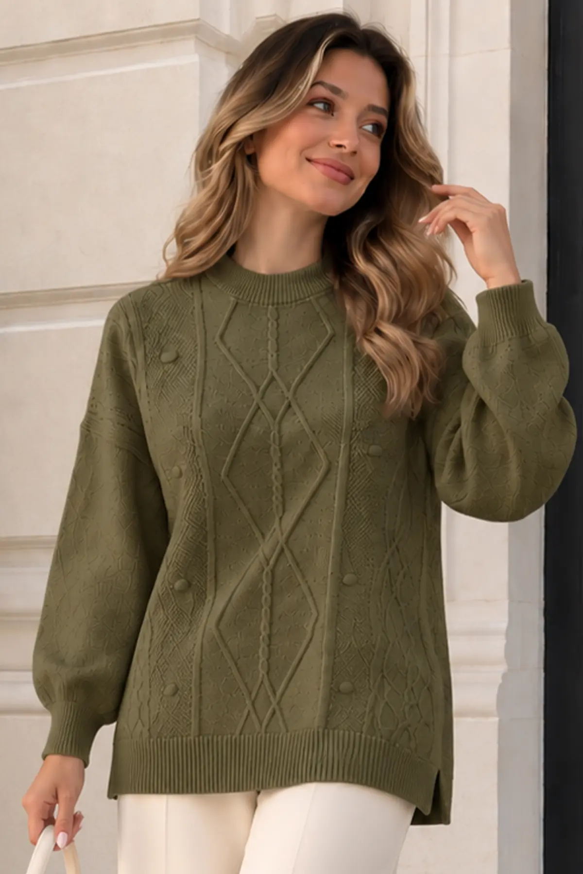 Patterned Knit Sweater K6059 Khaki-detail