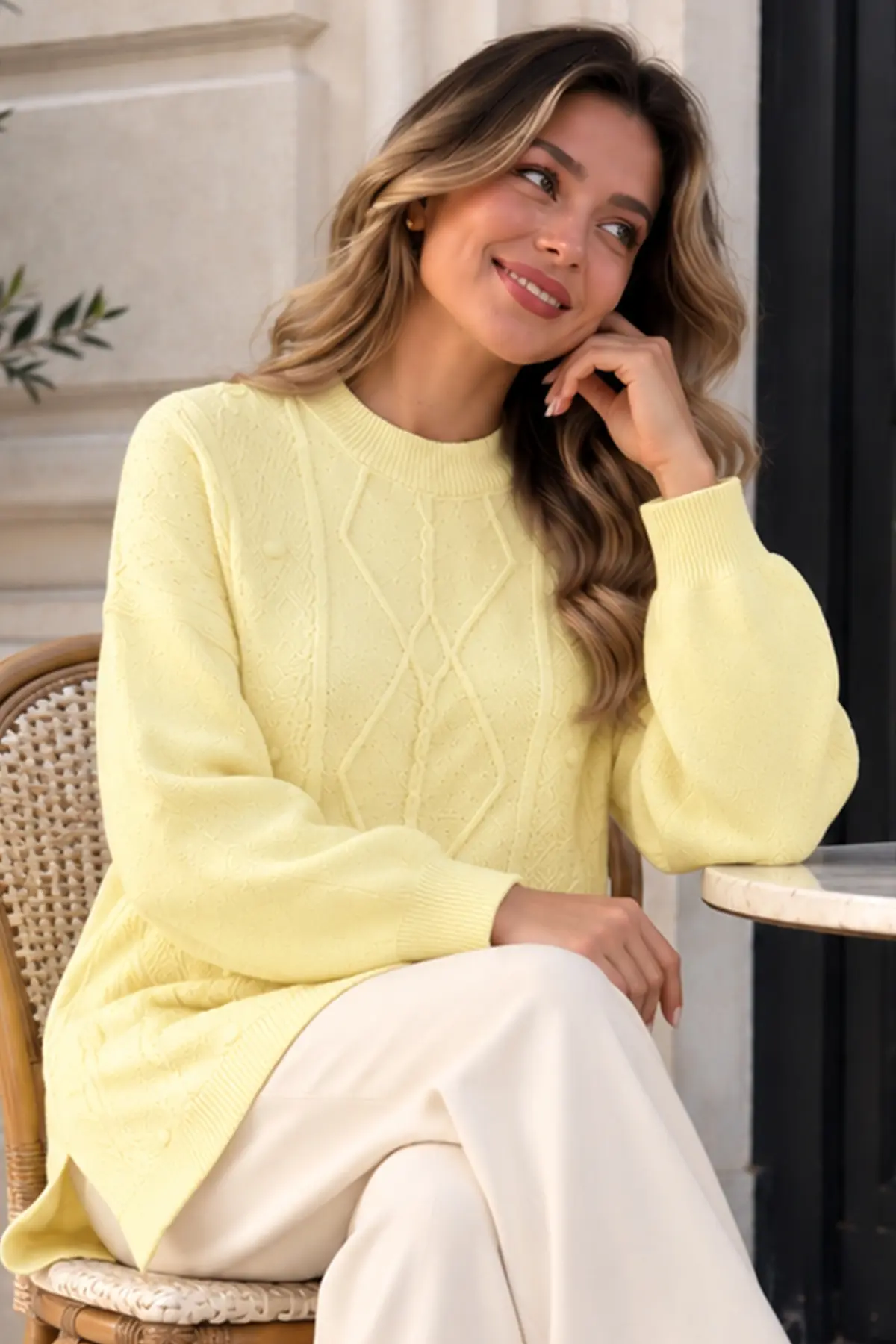 Patterned Knit Sweater K6059 Lemon Yellow-detail