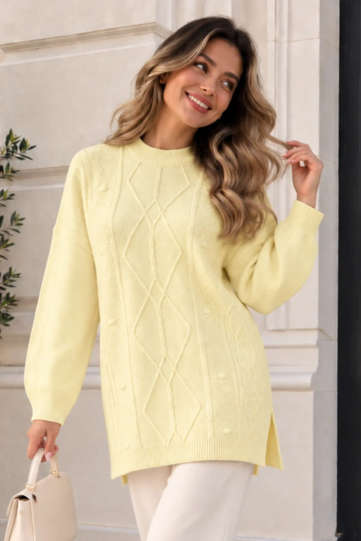 Patterned Knit Sweater K6059 Lemon Yellow-detail