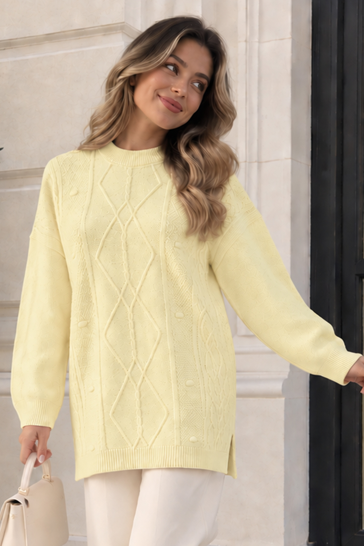 Patterned Knit Sweater K6059 Lemon Yellow