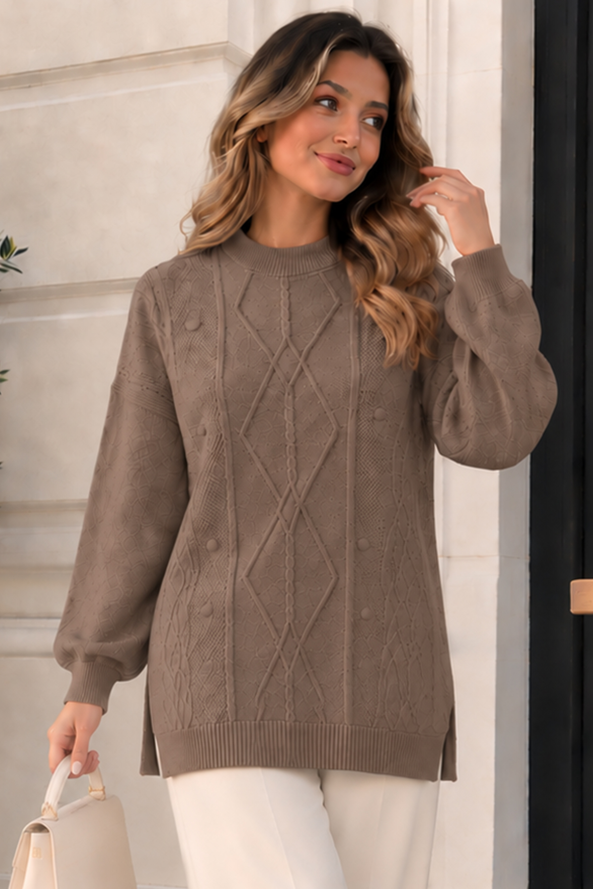 Patterned Knit Sweater K6059 Mink