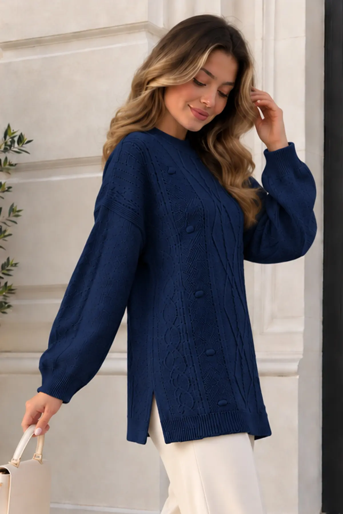 Patterned Knit Sweater K6059 Navy Blue-detail