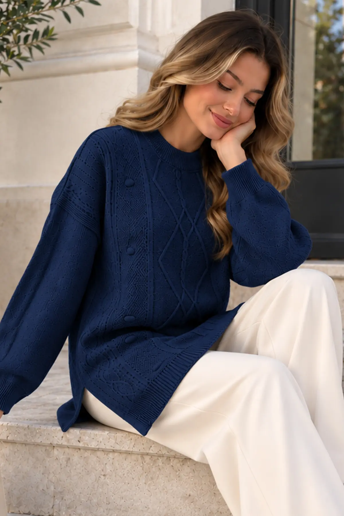 Patterned Knit Sweater K6059 Navy Blue-detail