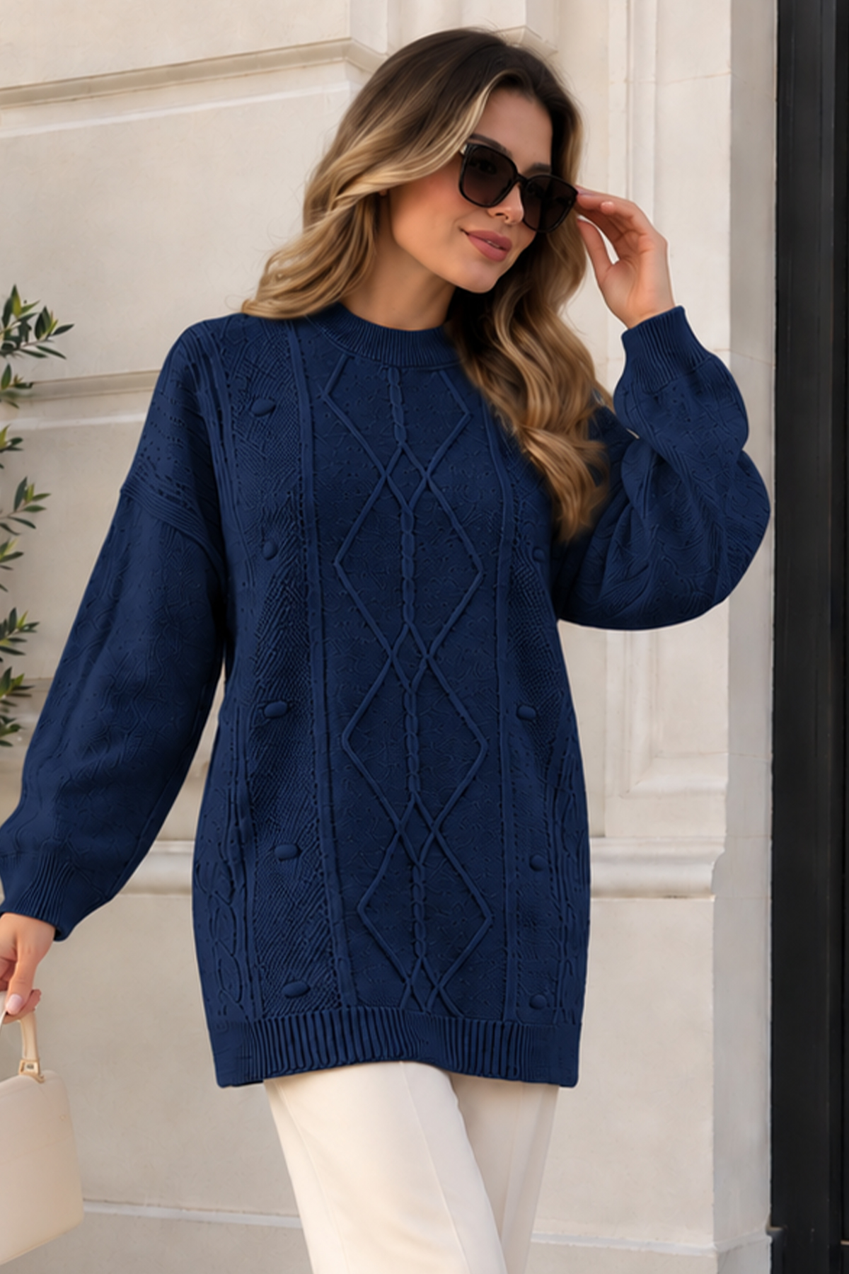 Patterned Knit Sweater K6059 Navy Blue
