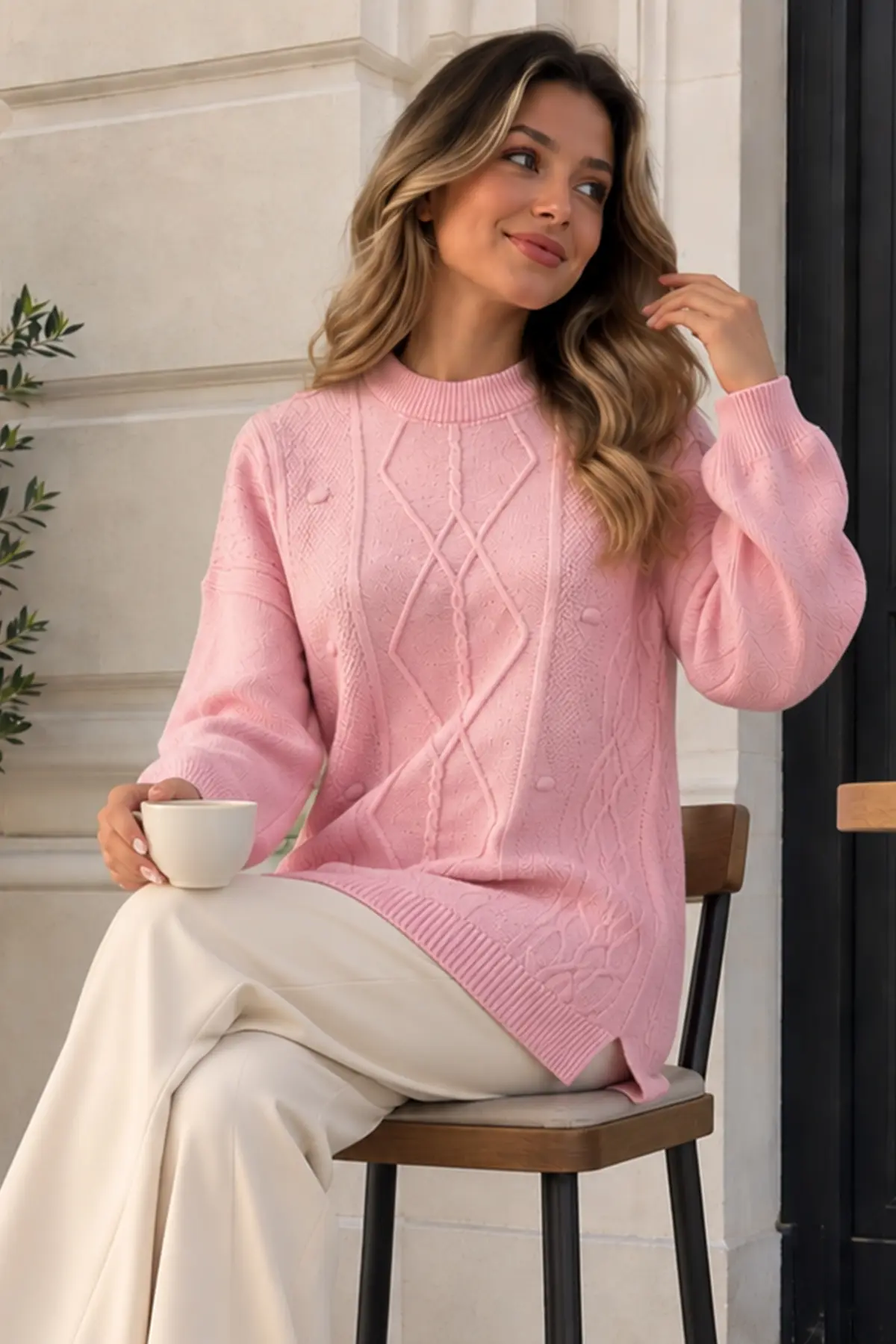 Patterned Knit Sweater K6059 Powder Pink-detail