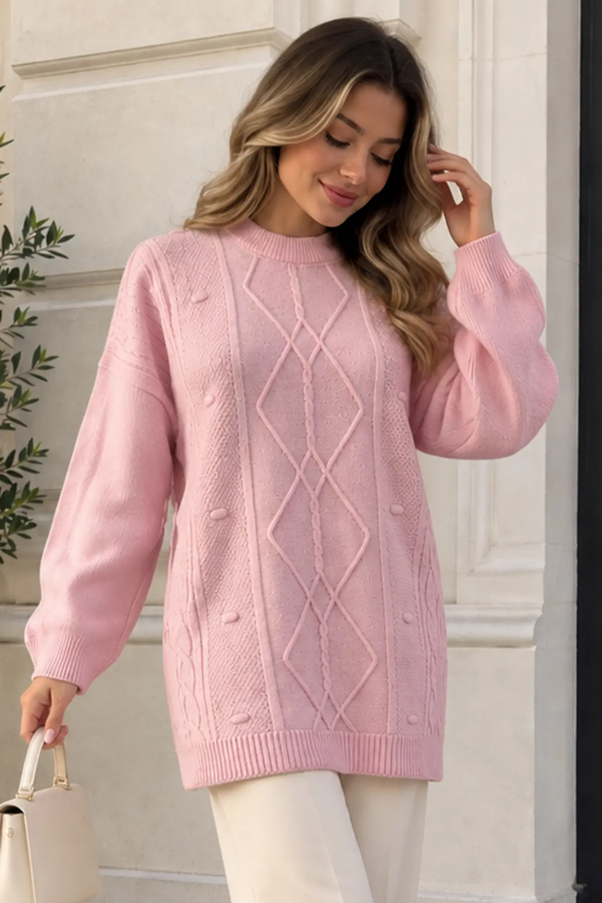 Patterned Knit Sweater K6059 Powder Pink-detail