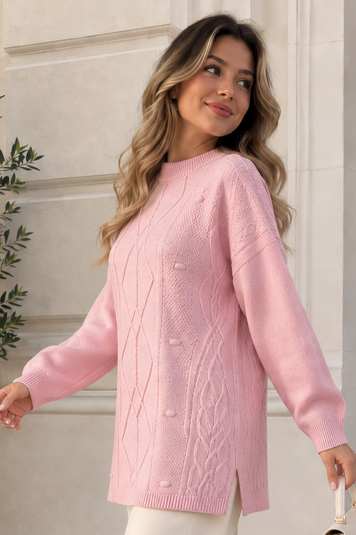Patterned Knit Sweater K6059 Powder Pink
