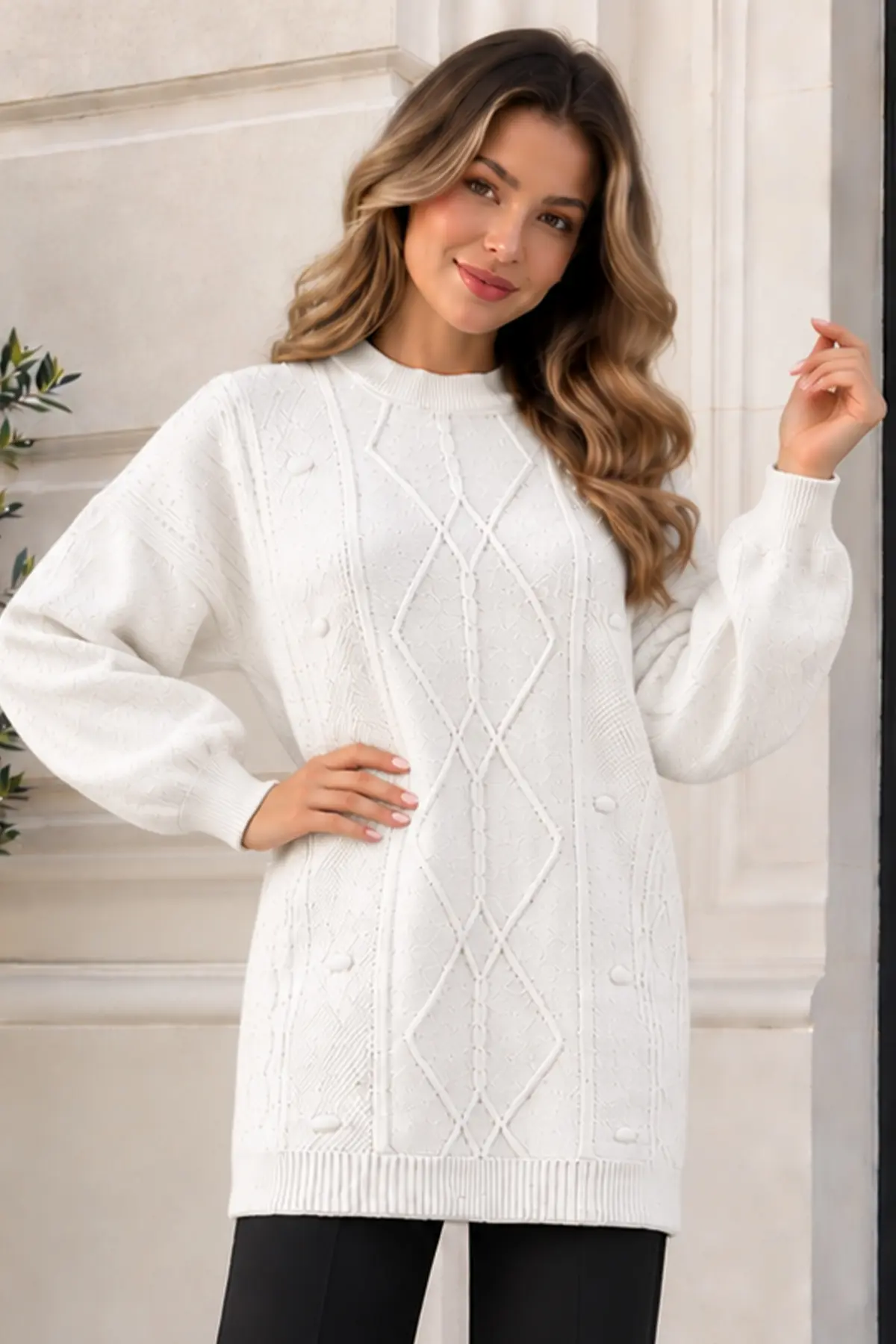 Patterned Knit Sweater K6059 White-detail