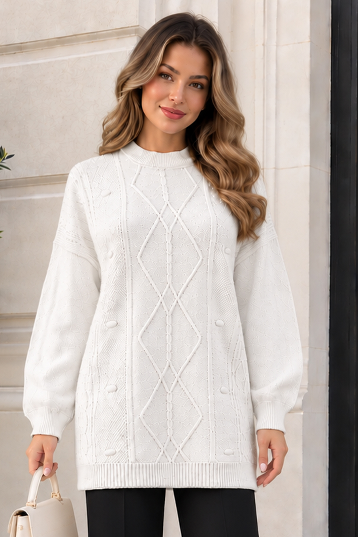 Patterned Knit Sweater K6059 White
