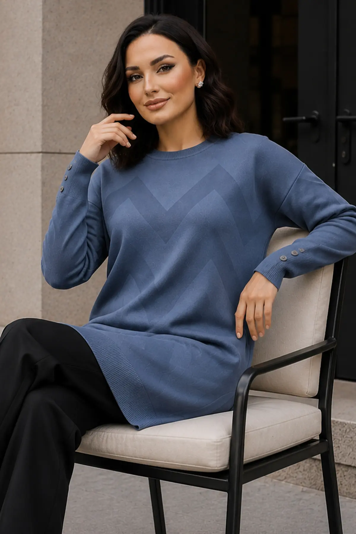 Patterned Knit Tunic N3183 Indigo-detail