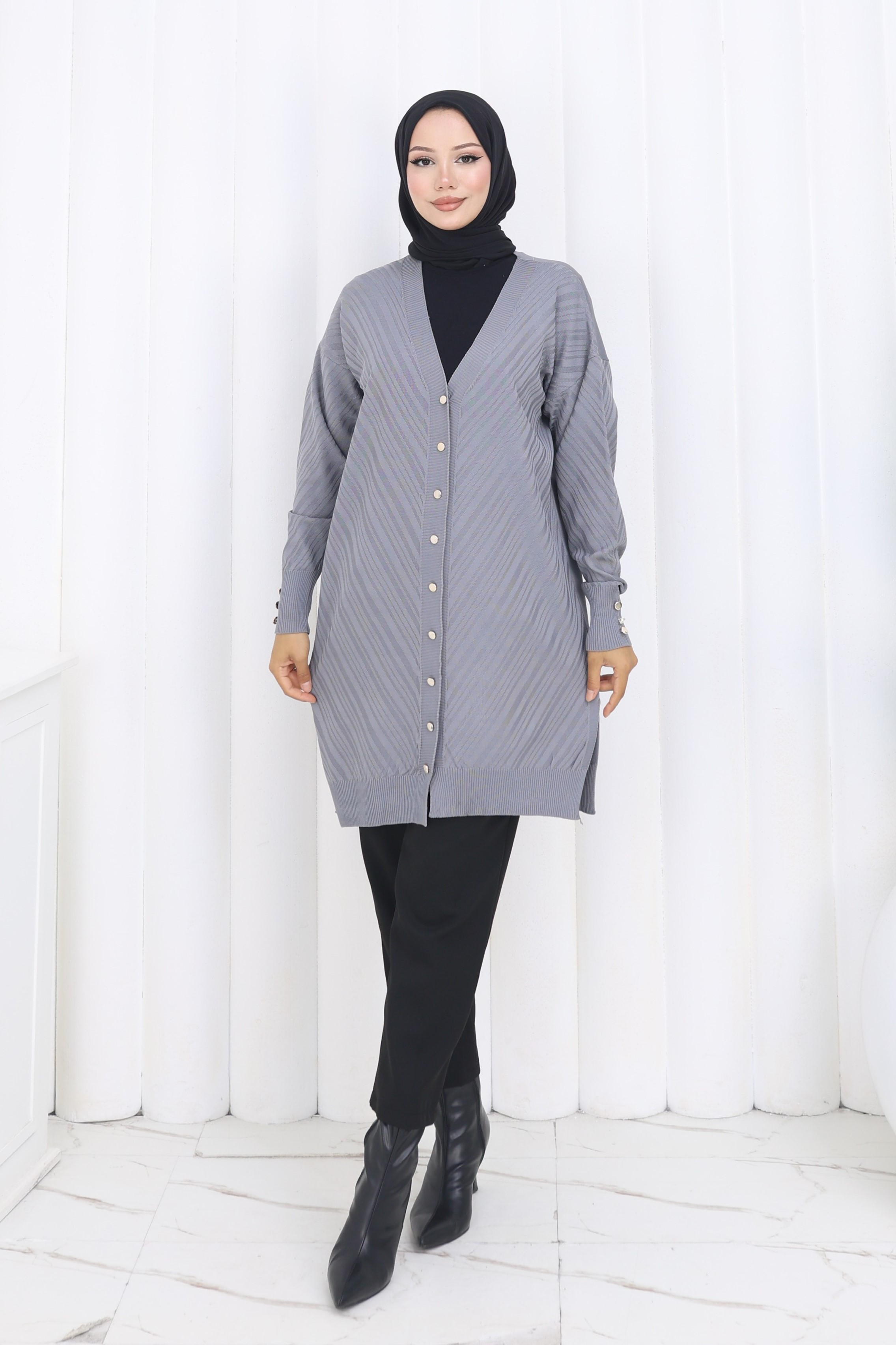 Patterned Long Mercerized Cardigan