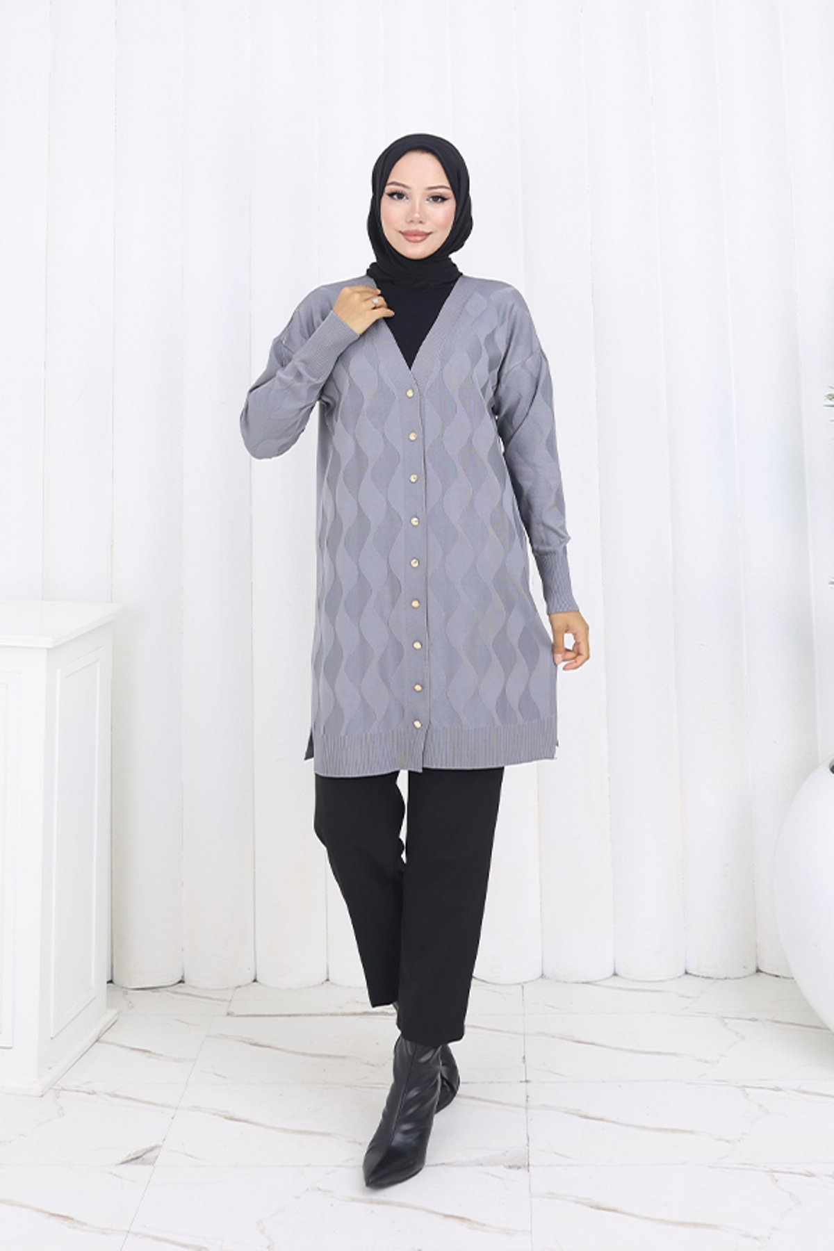 Patterned Long Mercerized Cardigan