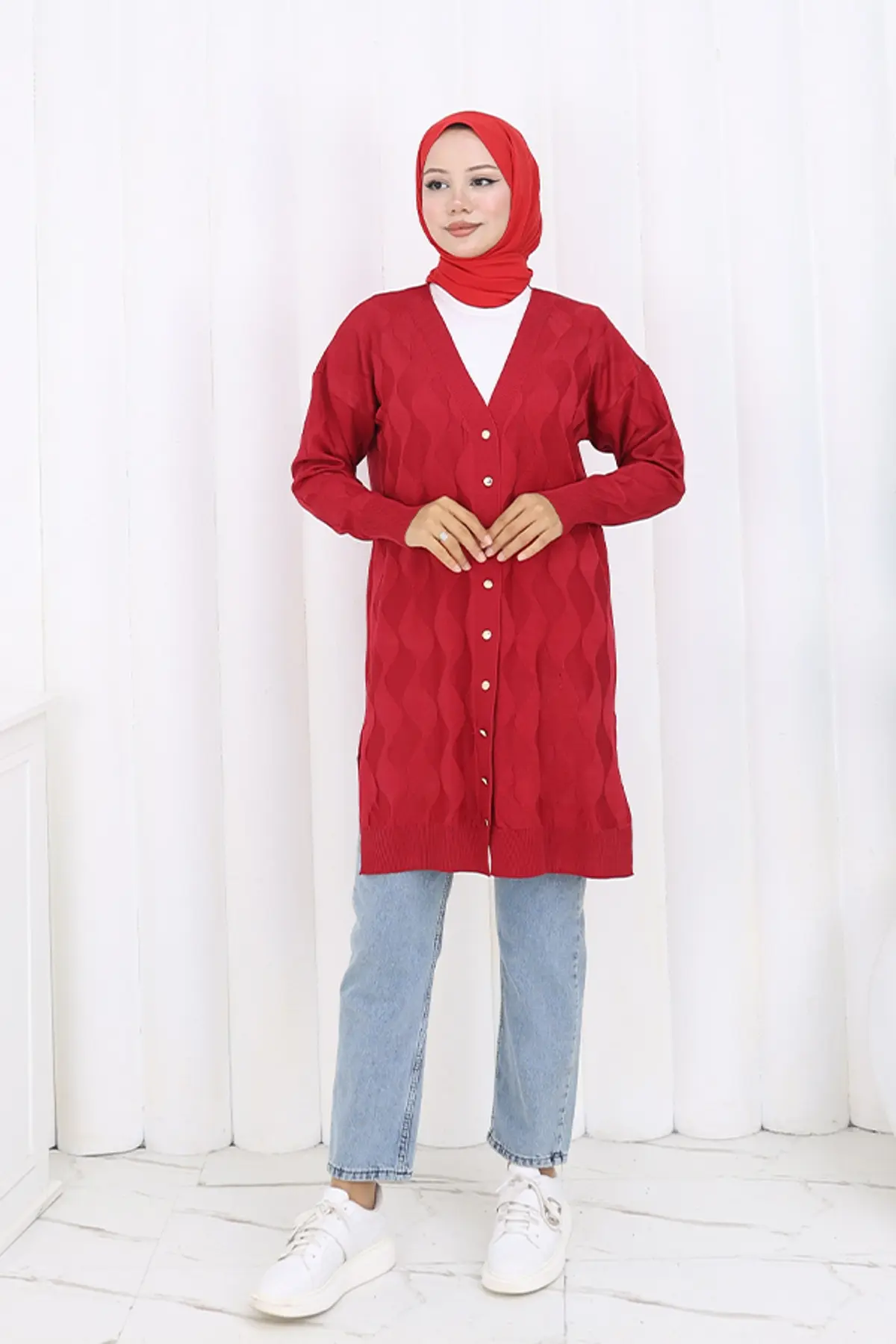 Patterned Long Mercerized Cardigan