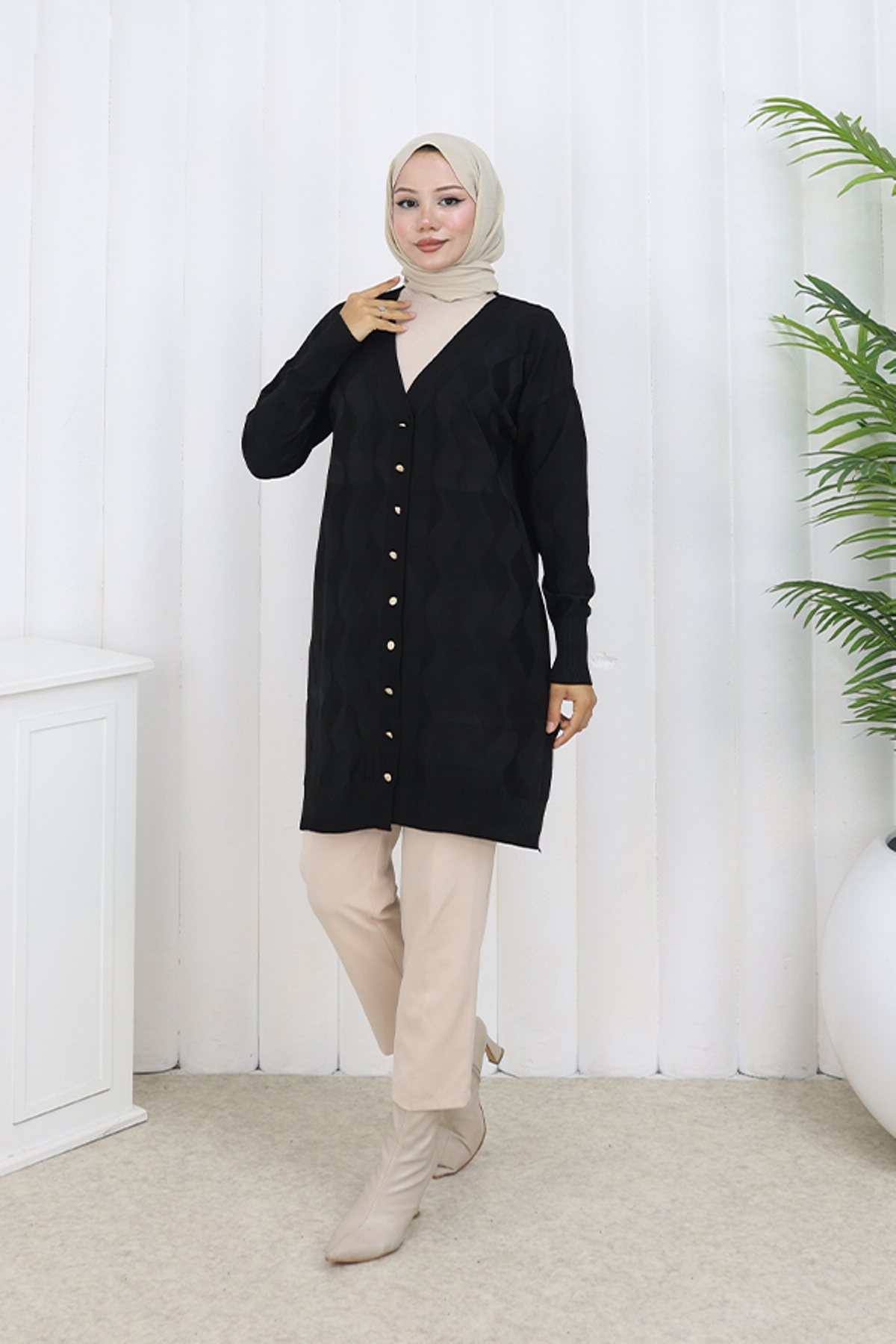 Patterned Long Mercerized Cardigan