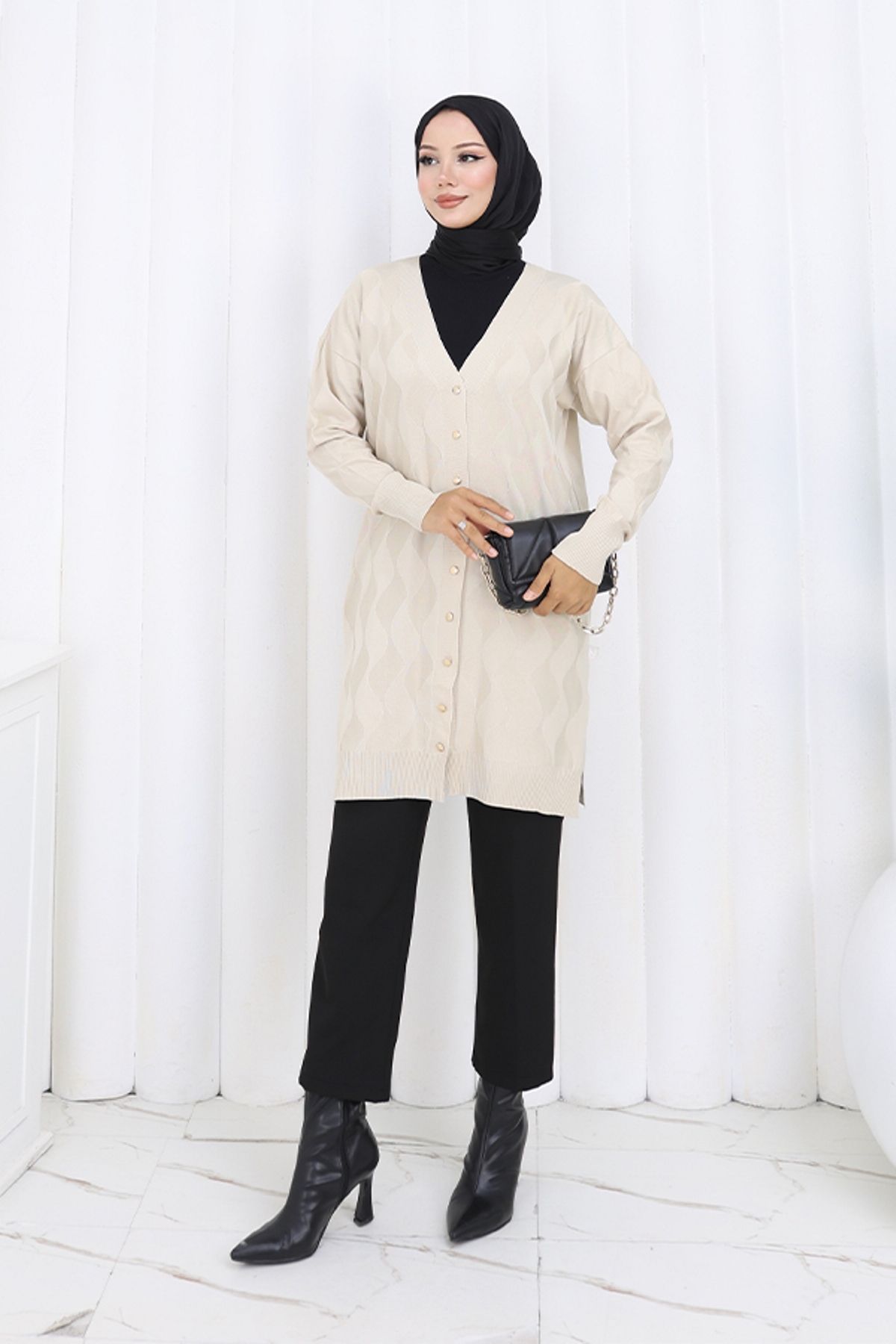 Patterned Long Mercerized Cardigan