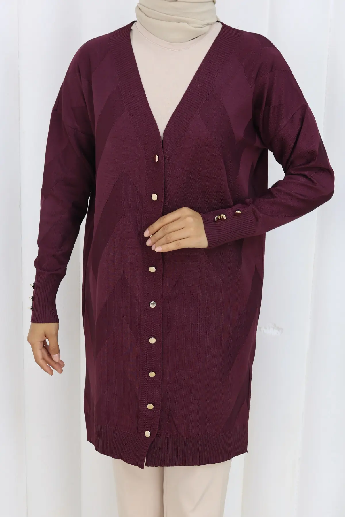 Patterned Long Mercerized Cardigan-detail