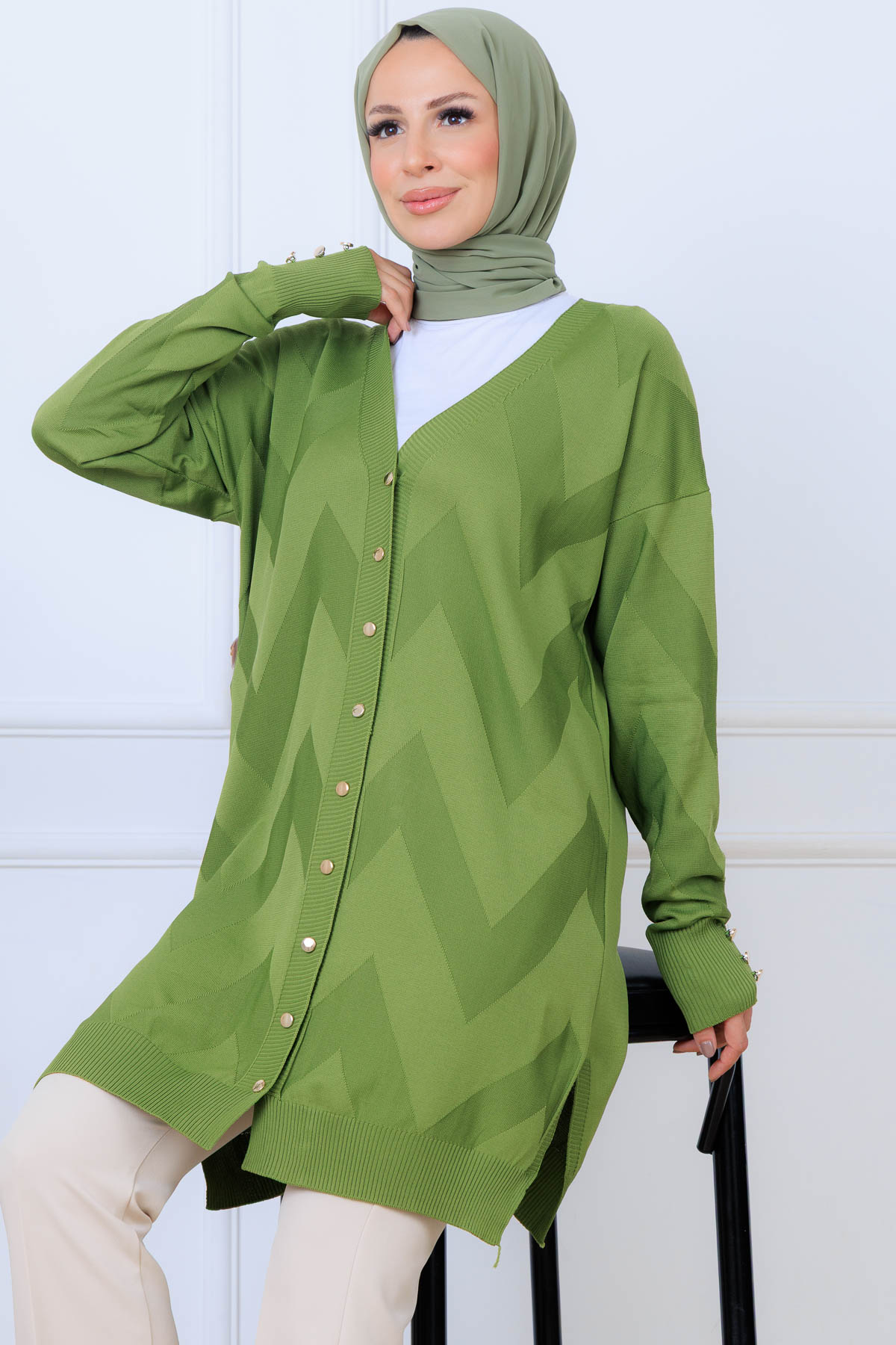 Patterned Long Mercerized Cardigan