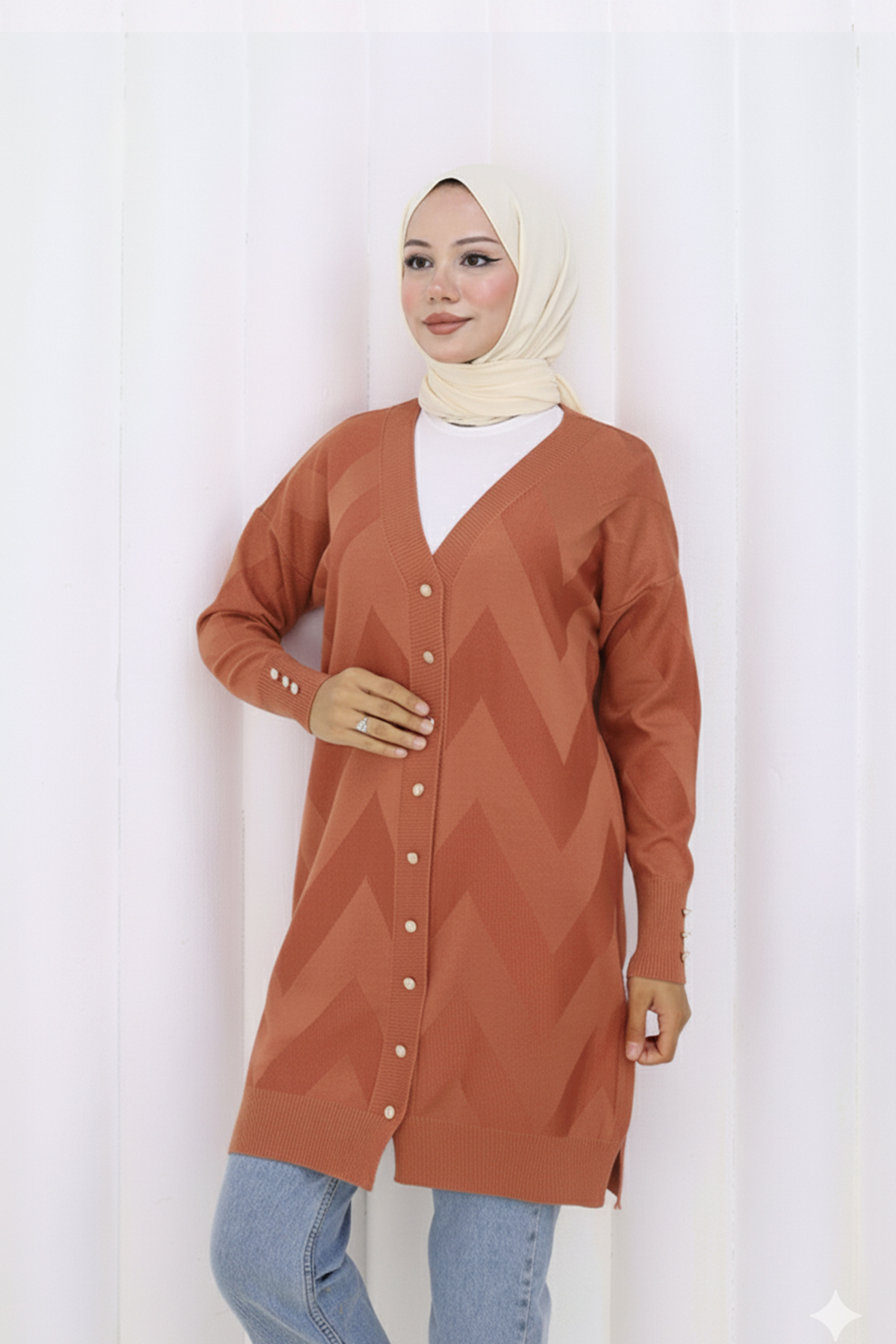 Patterned Long Mercerized Cardigan