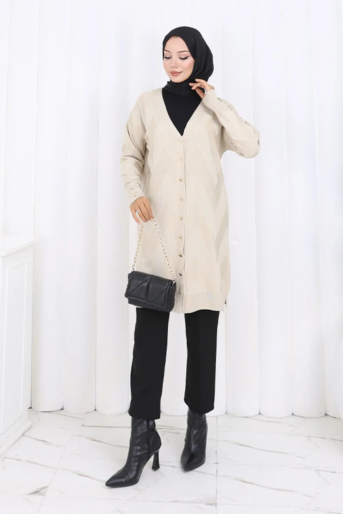 Patterned Long Mercerized Cardigan-detail