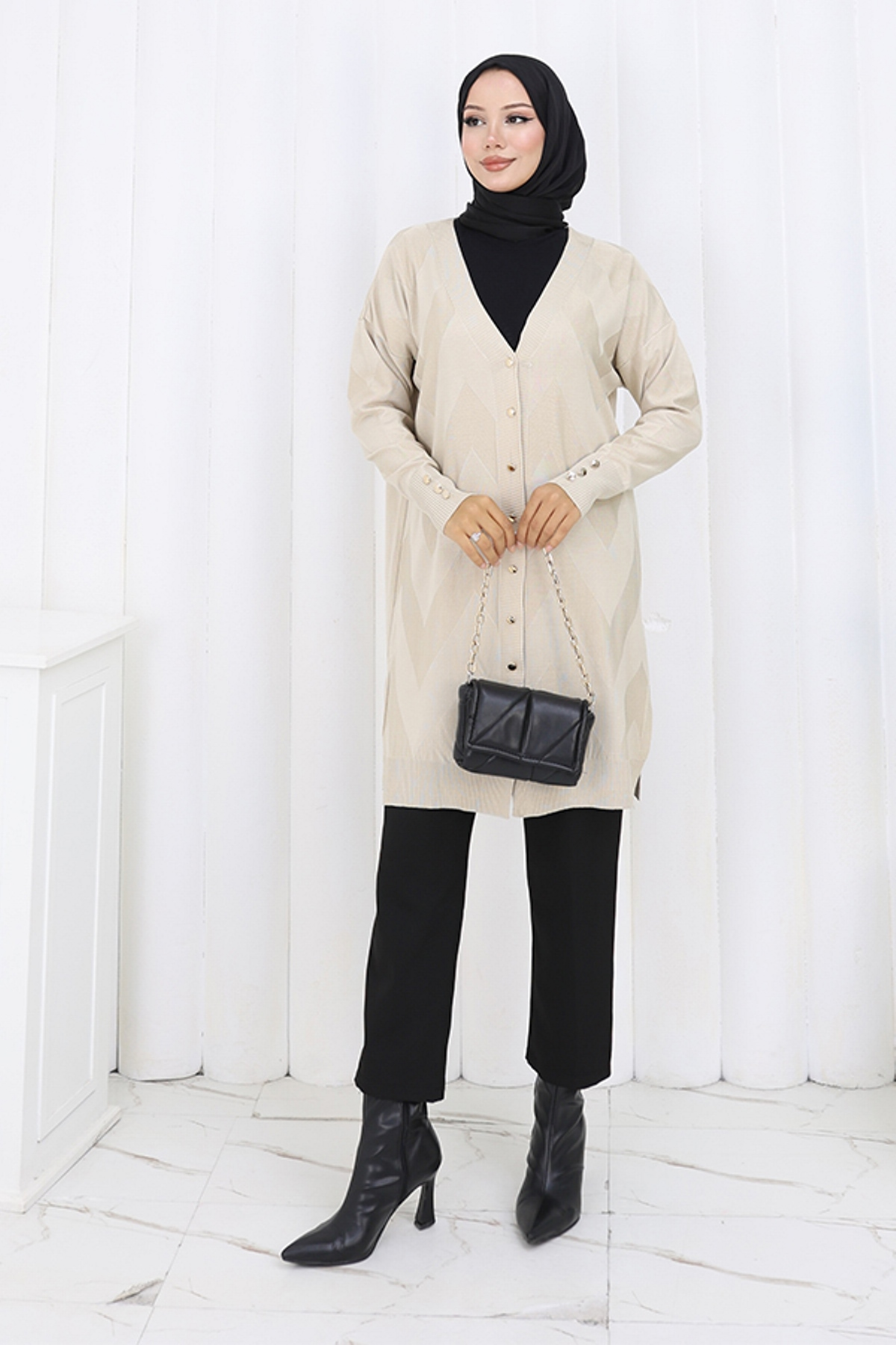 Patterned Long Mercerized Cardigan