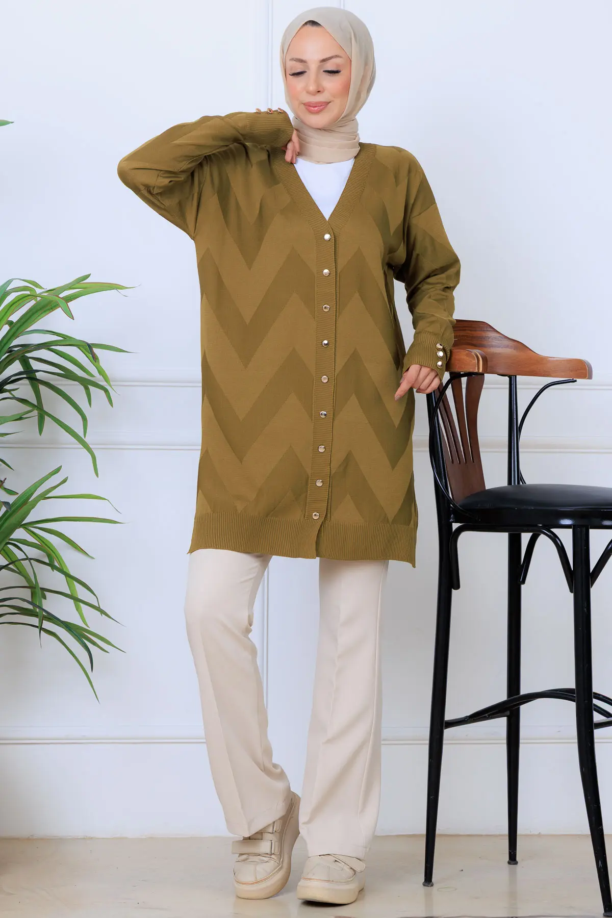 Patterned Long Mercerized Cardigan-detail