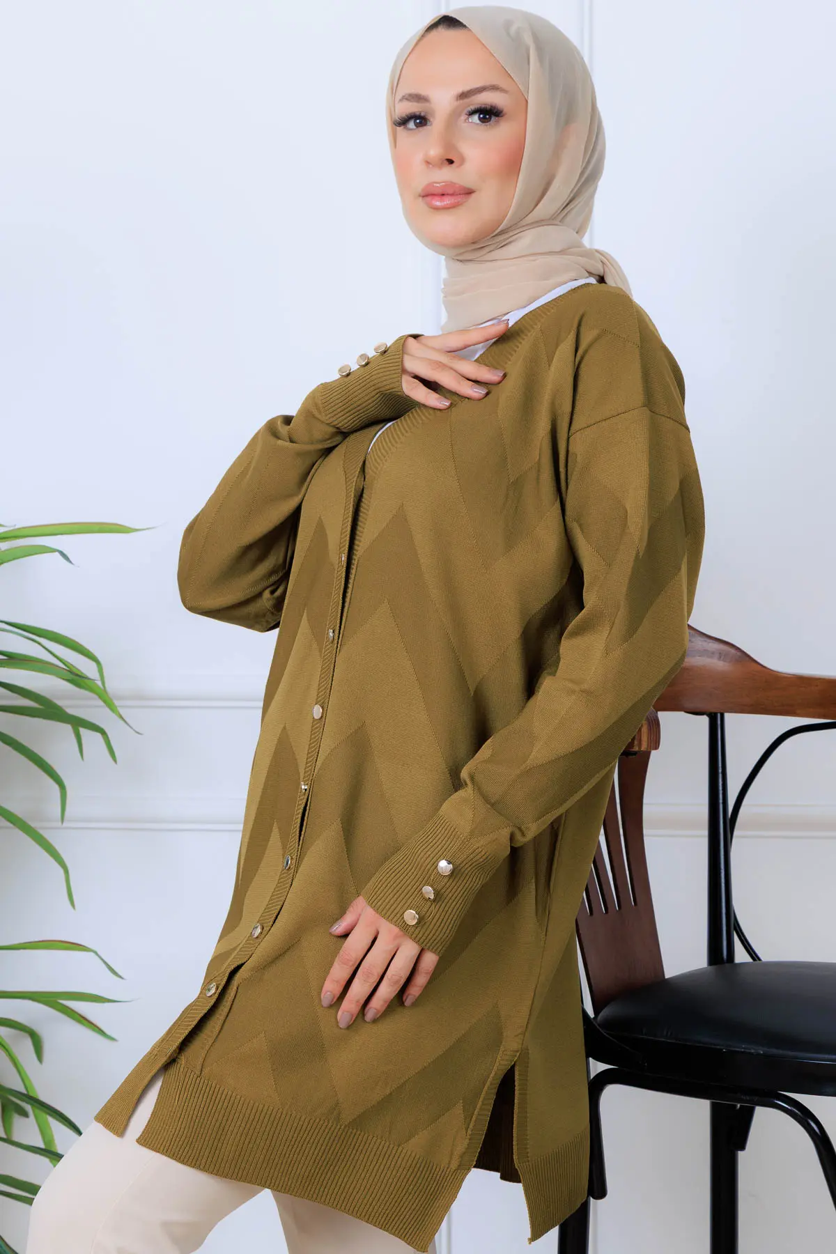 Patterned Long Mercerized Cardigan-detail