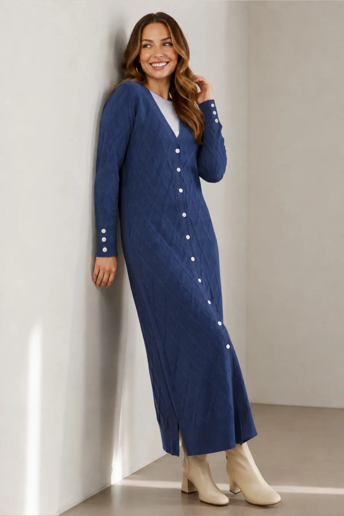 Patterned Long Mercerized Knit Cardigan N3295 Indigo-detail