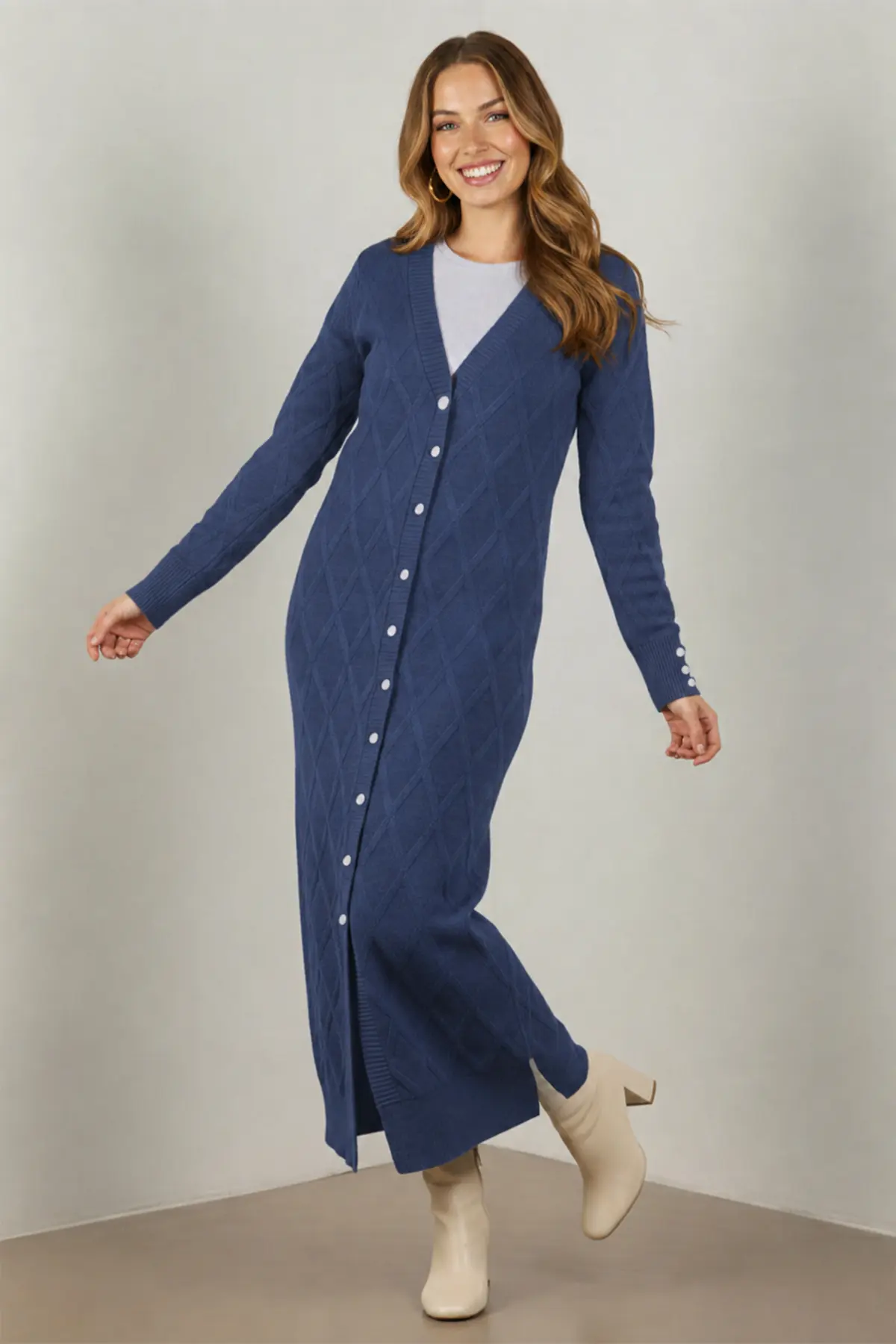 Patterned Long Mercerized Knit Cardigan N3295 Indigo-detail