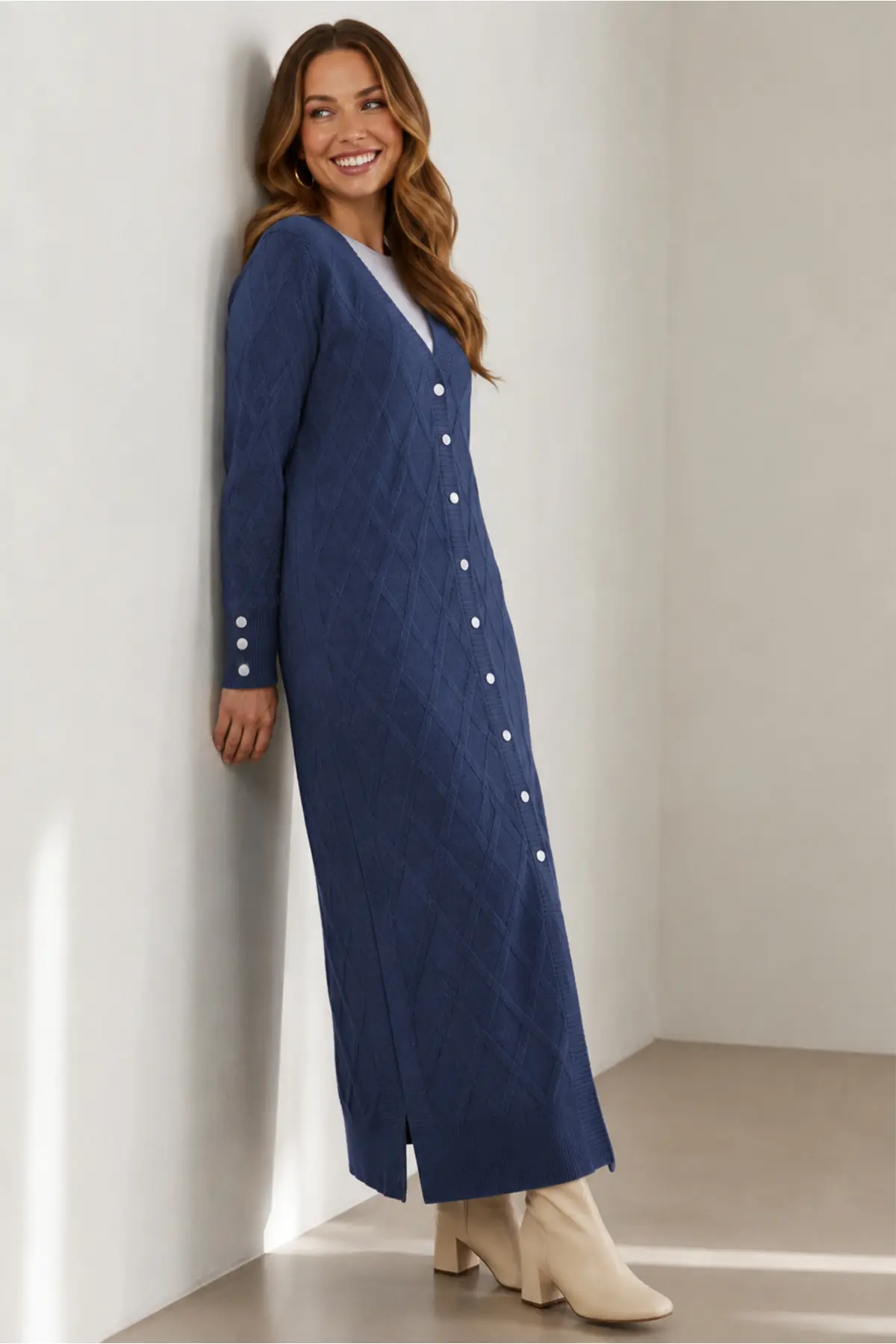 Patterned Long Mercerized Knit Cardigan N3295 Indigo-detail