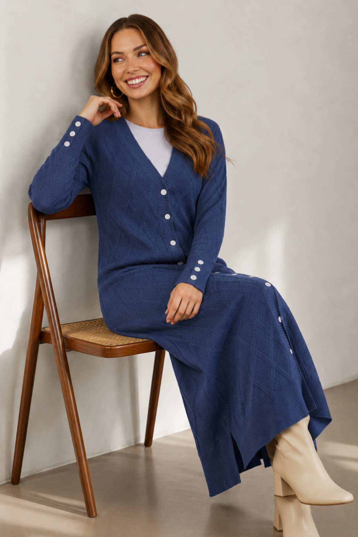 Patterned Long Mercerized Knit Cardigan N3295 Indigo