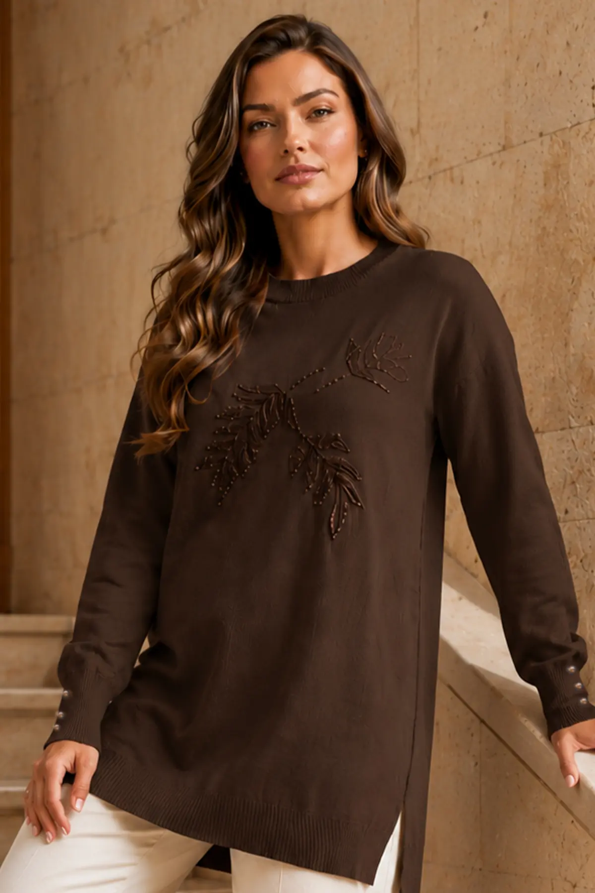 Patterned Mercerized Knit Tunic N3385 Brown-detail